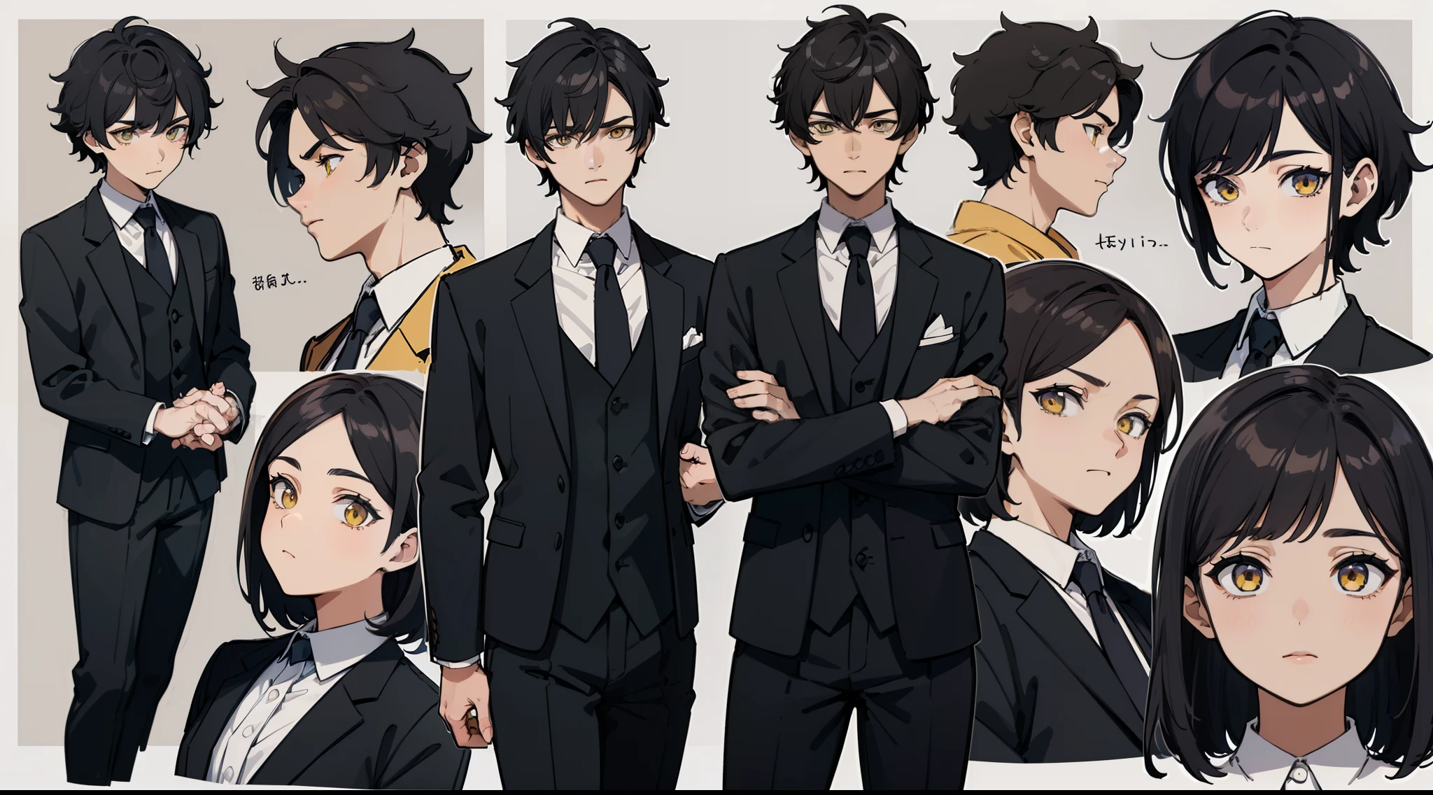 ((Masterpiece, Highest quality)), Detailed face, character sheets, full bodyesbian, 1boys, Yellow eyes, Black hair, short detailed hair, Messy hair, , hair between eye,Black loose suit, Full of details, Multiple poses and expressions, Highly detailed, Depth, Many parts