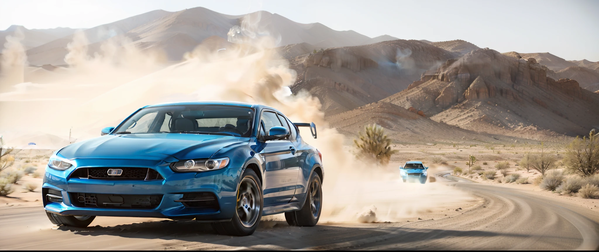 A blue Alfed car driving on a desert road, Kick up dust, automotive photography, Smoking tires, Desert landscape, automotive photography, environmental shot, Edited, Exercise, car shot, Commercial vehicle photos, Portrait shooting, auto photography, Smoke behind the wheels, Car photos, full view of a sport car, in the desert, advertising photograph.