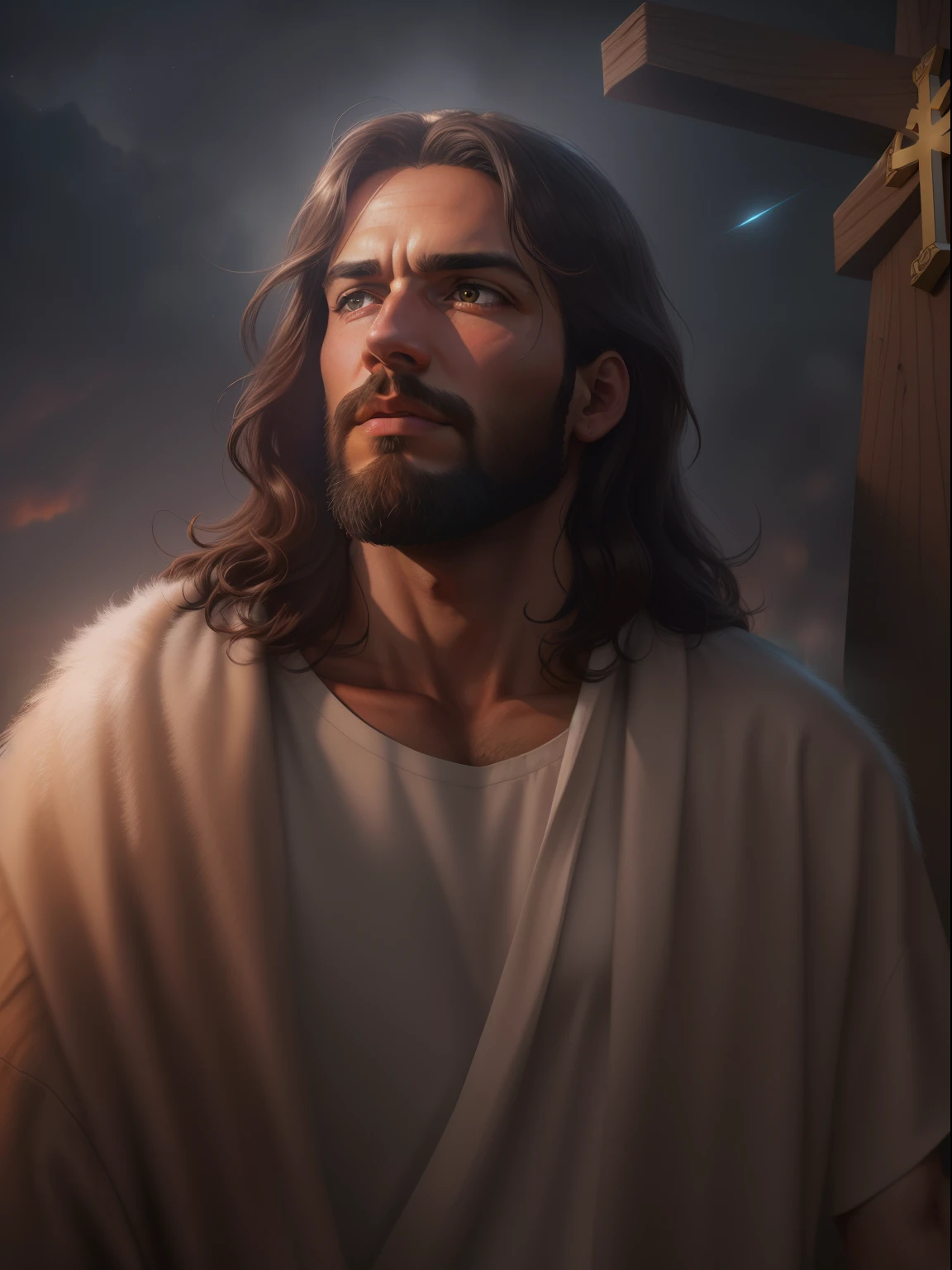 ((Retrato realista de Jesus Cristo)), corpo inteiro, aura sagrada, cinematiclight, retratado em 4K hiperdetalhado. Um close-up de Jesus, Com amor, Olhos compassivos, barba longa, e cabelos castanhos cacheados. A luz quente destaca a figura de um homem, Looking forward with a compassionate expression. The background features a wooden cross and dark sky, retratado em 8K. The style is portrayed in a soft and cinematic way, com cores neutras e efeitos HDR. The artwork strives for high quality, com detalhes intrincados, fundos complexos, and an artistic mix of influences from Greg Rutkowski and Artgerm.