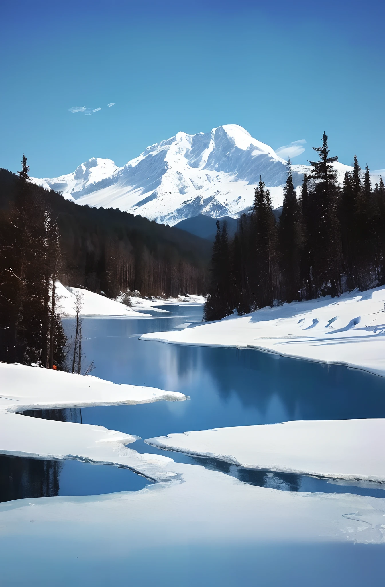 Behind the blue lake there are white snow-capped mountains，Create an abstract painting。