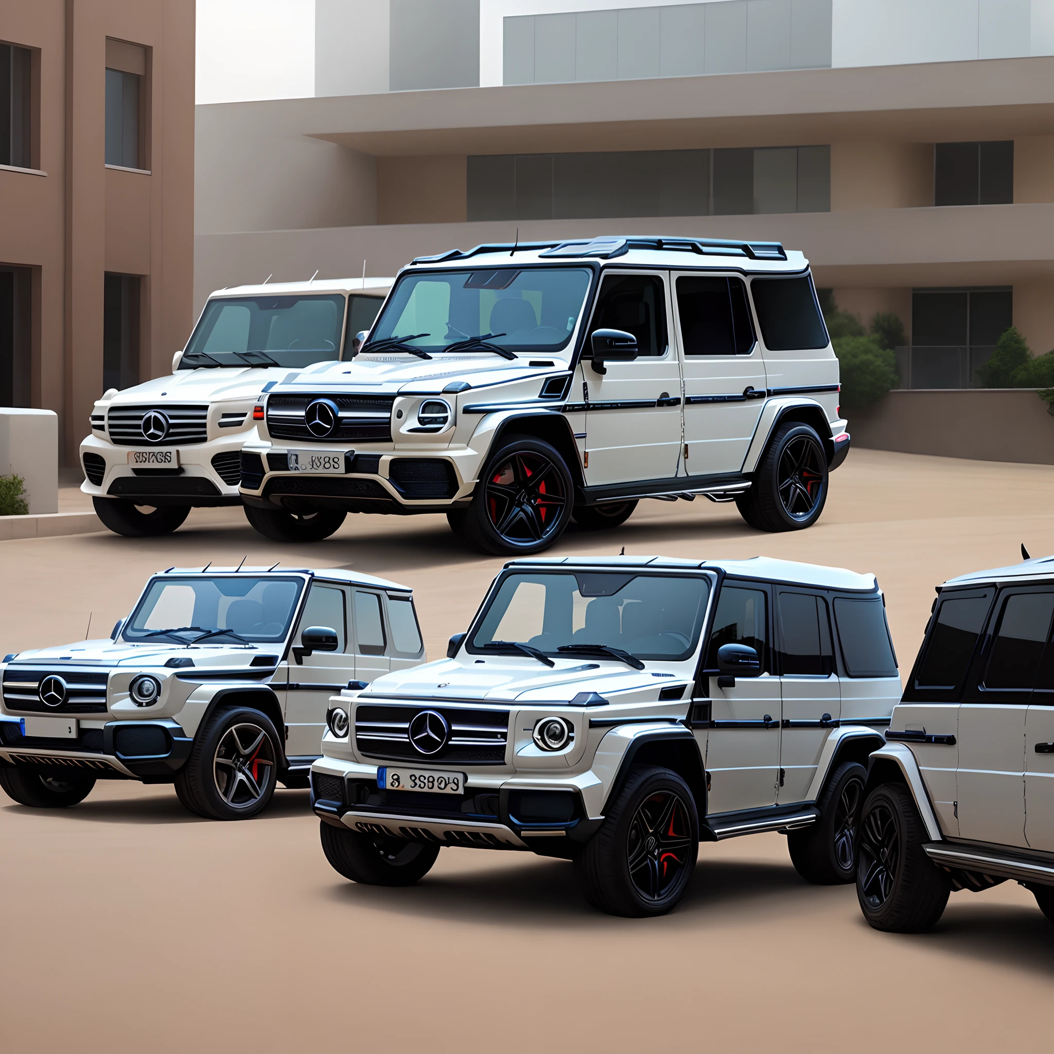 100 black Mercedes G Series and 1 white Mercedes G Series in the middle