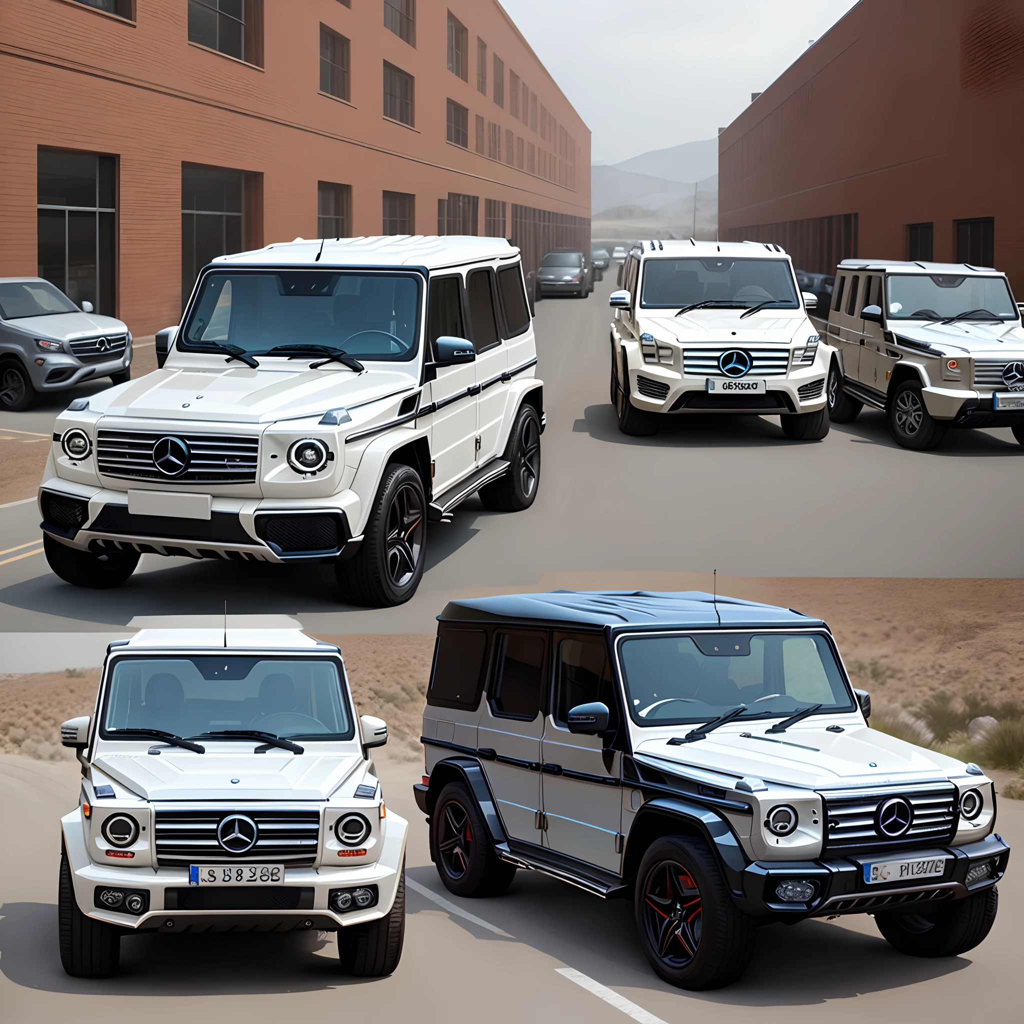 100 black Mercedes G Series and 1 white Mercedes G Series in the middle