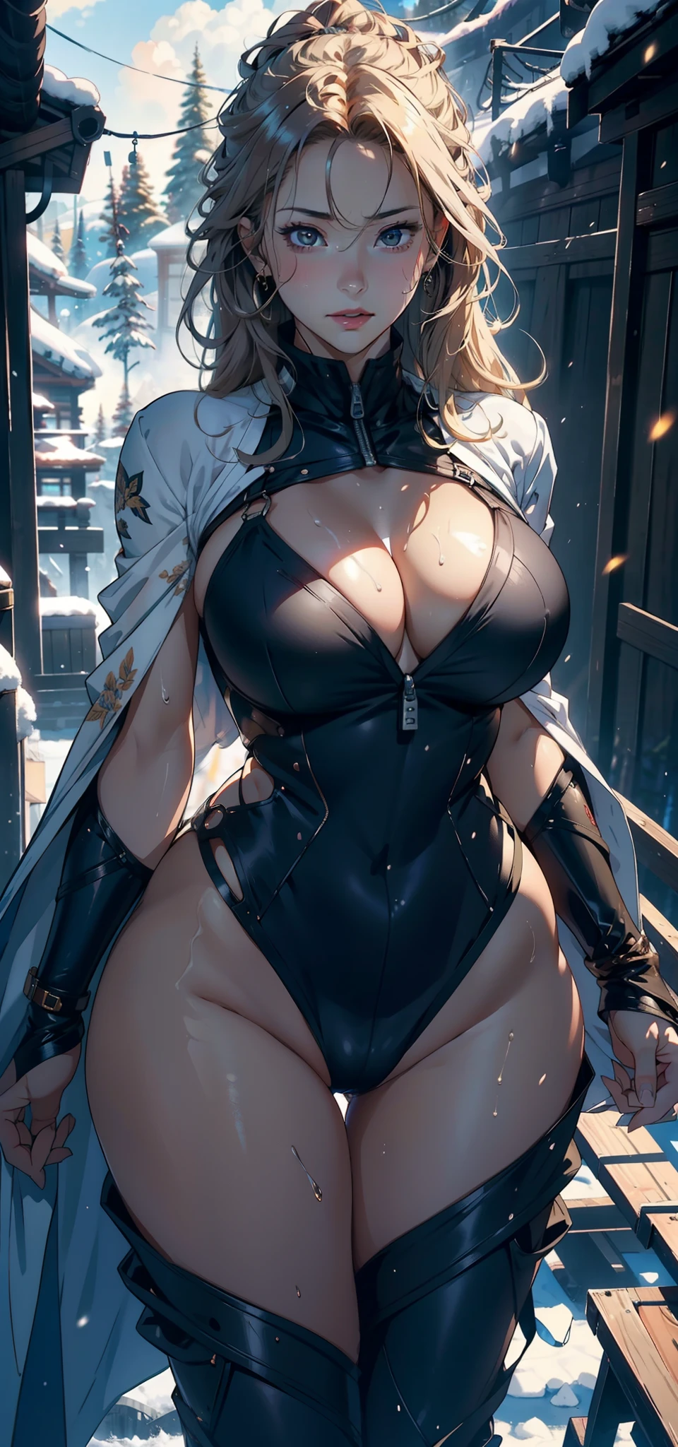 1female,35yo,A MILF,mature,Large breasts,Pornographic exposure, 独奏,(Background with:ports,coniferous forest,at winter season,Snow on the ground) Feel free to hairstyle,standing on your feet,Sweat profusely,drenched all over the body,seen from the front,Golden hair , mostly cloudy sky,(((tmasterpiece),(Very detailed CG unity 8K wallpaper),best qualtiy,cinmatic lighting,detailed back ground,beatiful detailed eyes,Bright pupils,(Very fine and beautiful),(Beautiful and detailed eye description),ultra - detailed,tmasterpiece,)),facing at camera,A high resolution,ultra - detailed)nakeness,比基尼,with no underpants,revealing breasts,Bare genitalia, Bulge,Camel toes,Raised sexy,Flushed complexion,Open-mouthed,frontage,binh,scifi style,Armour