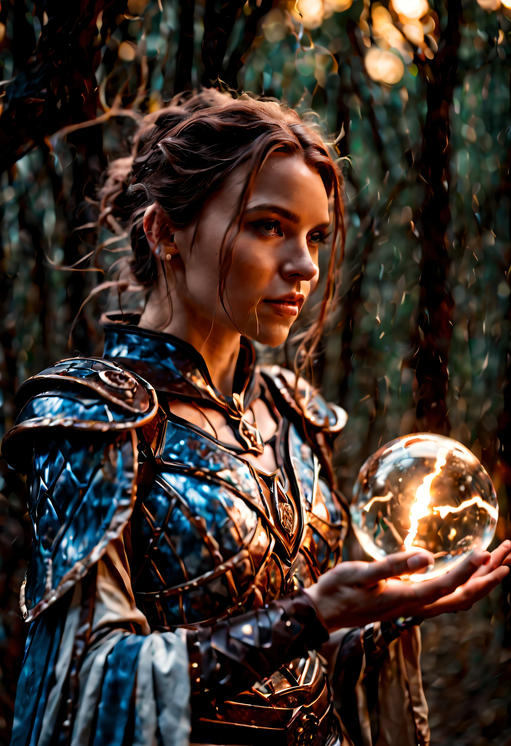 cinematic film still, a mage woman, 20 years old, holding a magic lightning glass orb, glass mage armor,, (Highest Quality, 4k, masterpiece, Amazing Details:1.1), film grain, Fujifilm XT3, photography,
