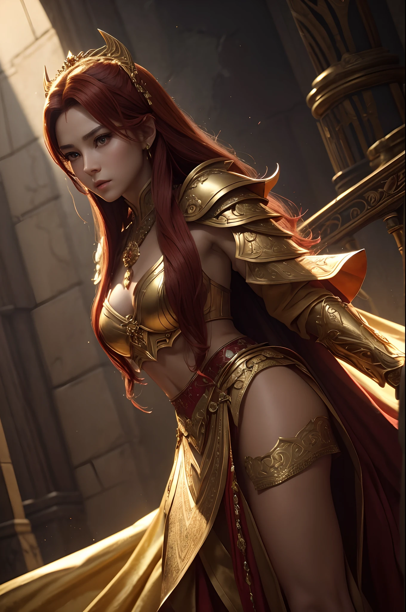 Gold and red tones、Fantasia、Babylonia、eventide、Best Quality, Very high resolution, 4K Detail CG, master piece、aesthetics、Mysterious、Queen of Thrones、Charisma、Ishtar, Goddess of War、Increase your fighting spirit、Invincible Great General、Be brave and bold、brave、great、rigor、Awe-inspiring Hall々、glorias、Prestige、Veteran Hero、Unparalleled beauty with a keen gaze、Rin々Right、Guardians of Lions、refinement、noble、Proud、Wearing noble jewelry、Equip your weapons、The appearance is luxurious and golden armor、cloaks、tall and slender、Long hair with fiery red hair、thirds rule、Perfect Angle、perfect-composition、low angles、Perfect light and shadow contrast、(((masterpiece)))、(((top-quality)))、((ultra-definition))、(High Definition CG Illustration)、((extremely delicate and beautiful))、Cinematic Light、)