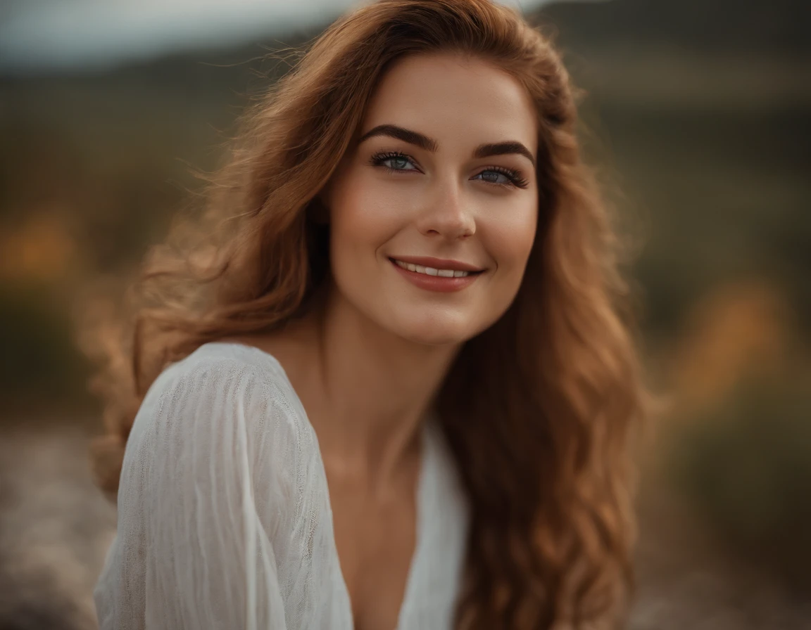 Photography of a 25-year-old woman, a masterpiece with an attractive smile, a beautiful large breast, and a large and attractive ass.
Realistic, analog, realistic, beautiful eyes, with some freckles on the chest,