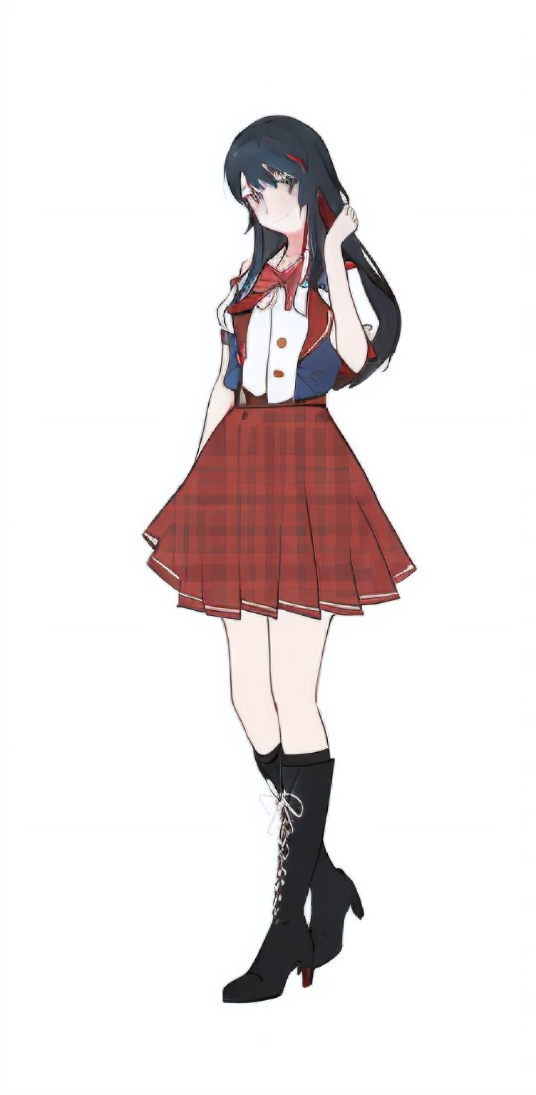 Anime girl in red and white dress and black boots, Marin Kitagawa fanart, attractive matoi ryuko, anime full body illustration, Magical school student uniform, Yandere. Tall, Single character full body, magic school uniform, seifuku, nagatoro, !!Full body portrait!!, Beautiful Anime High School Girls, akane owari danganronpa