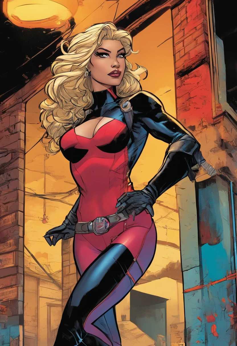 (black with blonde highlights hair, hispanic woman, anti-hero, steals anything, controls blood, covered hero suit, medium:1.1), leather gloves, confident posture, mysterious expression, intense eyes, dynamic action, urban night scene, graffiti-filled alley, street lights, neon signs, dramatic lighting, dark and gritty atmosphere, chiaroscuro lighting, high contrast, intense color palette, cinematic composition, photorealistic style, detailed textures