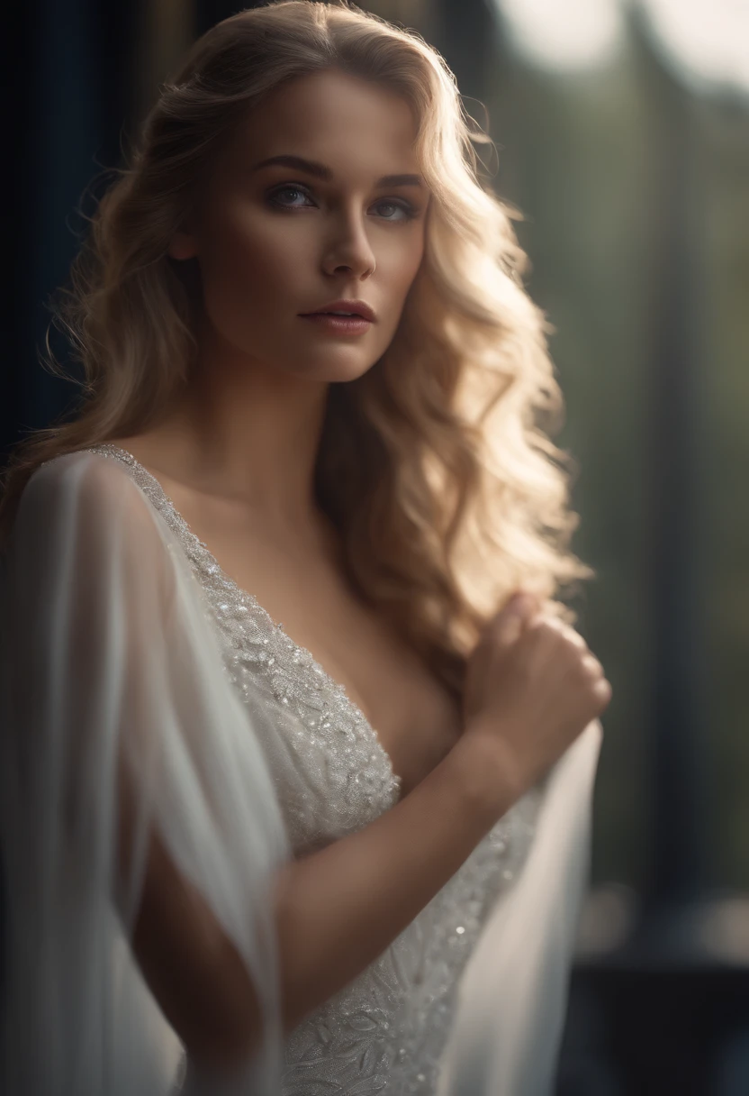 masterpiece, highest quality, ultra detail, illustration, beautiful detail, depth of field, dynamic angle, 8k wallpaper, portrait, best light and shadow quality, 4k, 8k, cg, fine detail, blurred background, upper body, contemporary, dress, blonde, long hair, beautiful eyes, beautiful splash