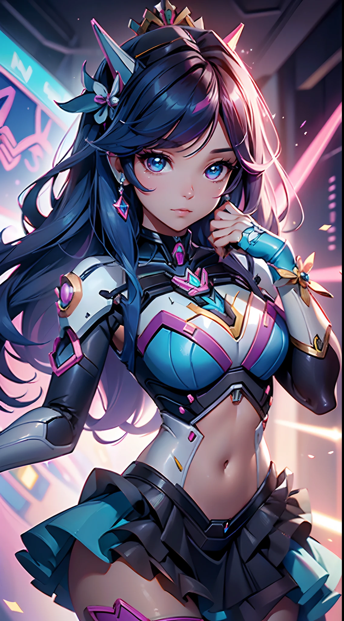 mejor calidad，tmasterpiece，ultimate resolution，Suave，extremadamente colorido，De color，Princesa sirena，(D.Va de overwatch con su traje azul original:1.4)，Medias de tirantes negras，Starrysky Android!,More detailed 8K.motor irreal:1.4,UHD,La mejor calidad:1.4, fotorrealista:1.4, textura de la piel:1.4, obra maestra:1.8,obra-prima, mejor calidad,objeto Objeto], (detailed face features:1.3),(Laboratorio Robotizado azul:1.4),(cabello rosado largo:1.4),（Beautiful and detailed eye description）,(manos:1.4)