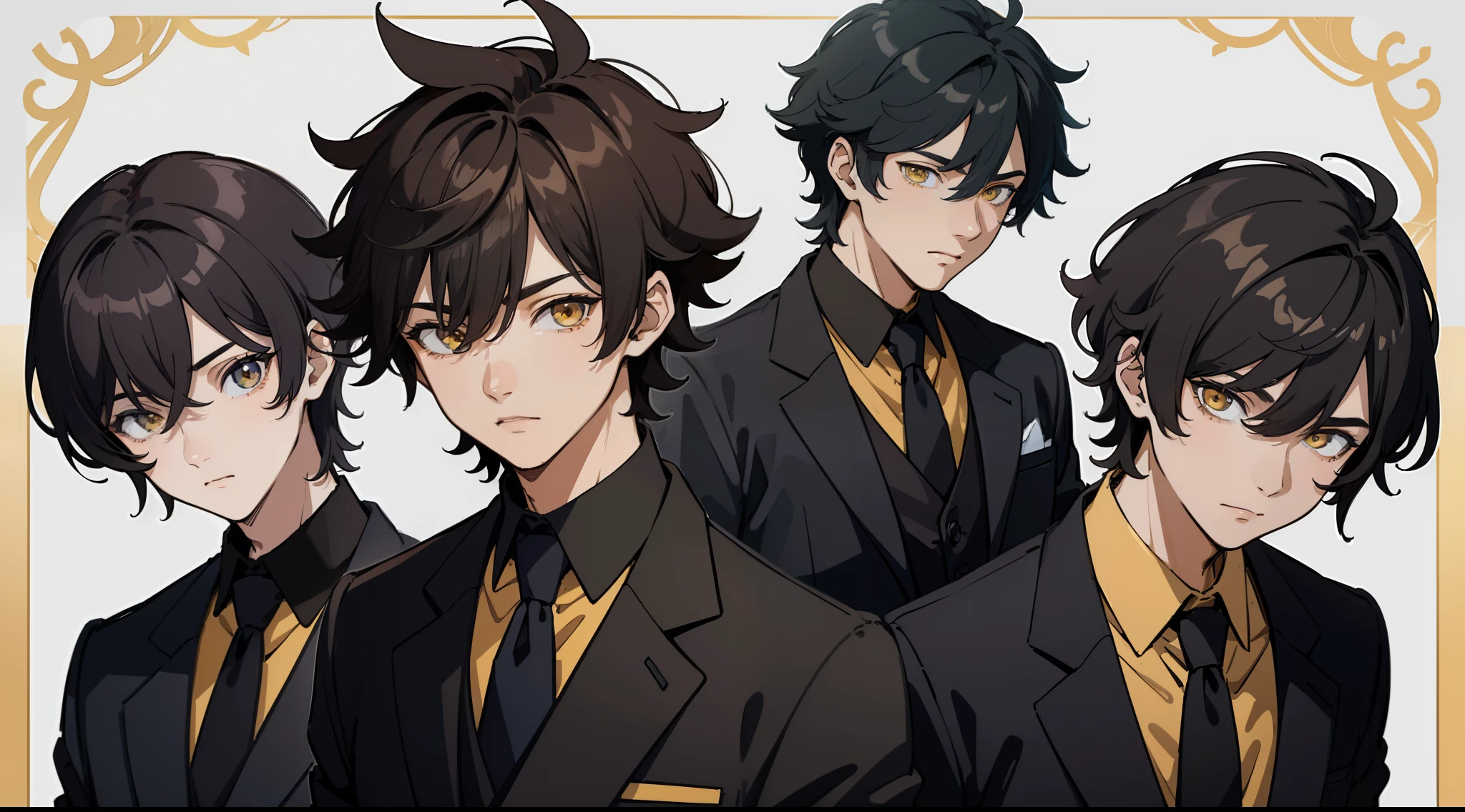 ((Masterpiece, Highest quality)), Detailed face, character sheets, full bodyesbian, 1boys, Yellow eyes, Black hair,  short detailed hair， Messy hair, , hair between eye,Black loose suit, Full of details, Multiple poses and expressions, Highly detailed, Depth, Many parts
