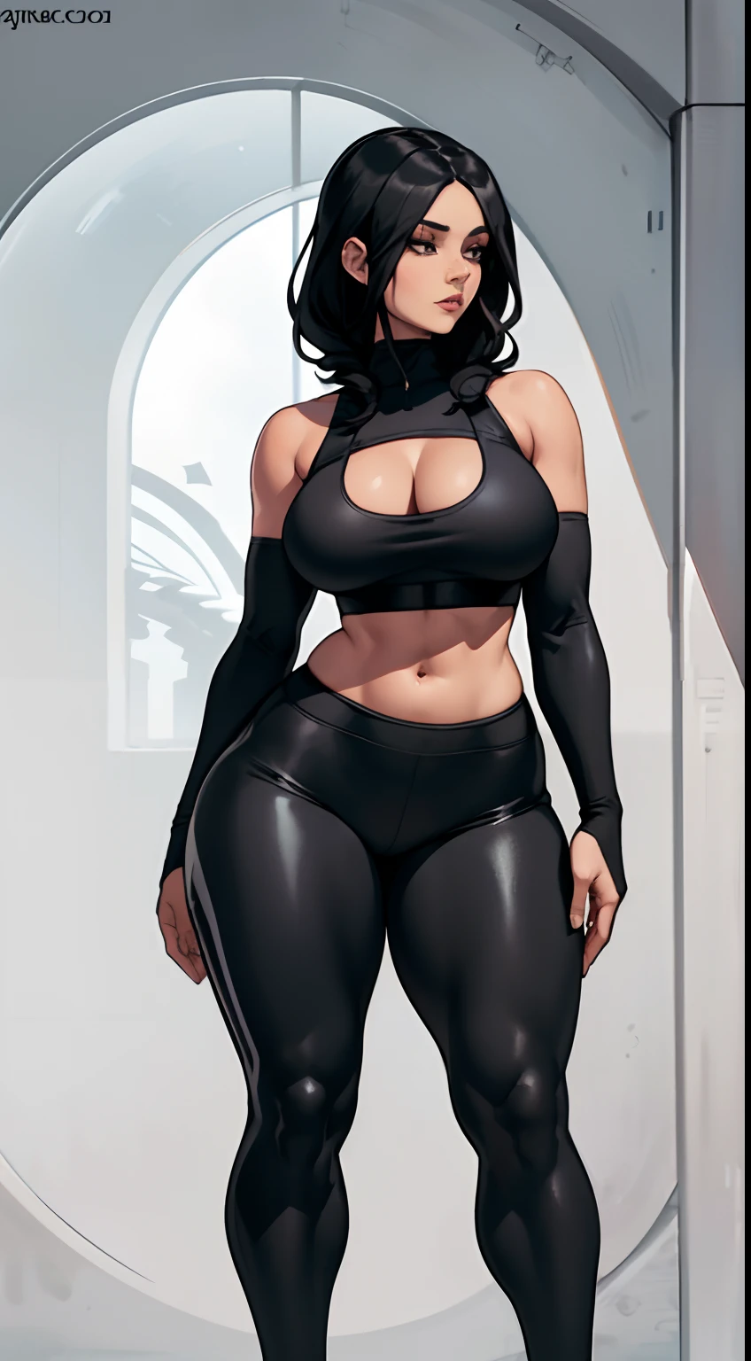 arafed woman in black sports bra top and leggings posing for a picture, wearing black tight clothing, skinny waist and thick hips, hourglass figure, women's fashion model, thicc, curvy hourglass figure, hourglass slim figure, wearing fitness gear, full body wide shot, black leggings, leggings, woman, short flat hourglass slim figure