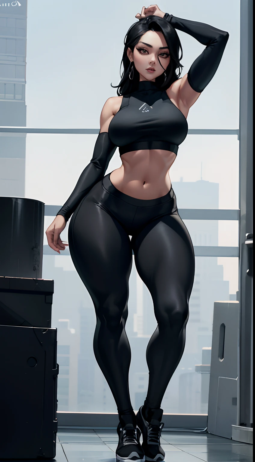 arafed woman in black sports bra top and leggings posing for a picture, wearing black tight clothing, skinny waist and thick hips, hourglass figure, korean women's fashion model, thicc, curvy hourglass figure, hourglass slim figure, wearing fitness gear, full body wide shot, black leggings, leggings, korean woman, short flat hourglass slim figure