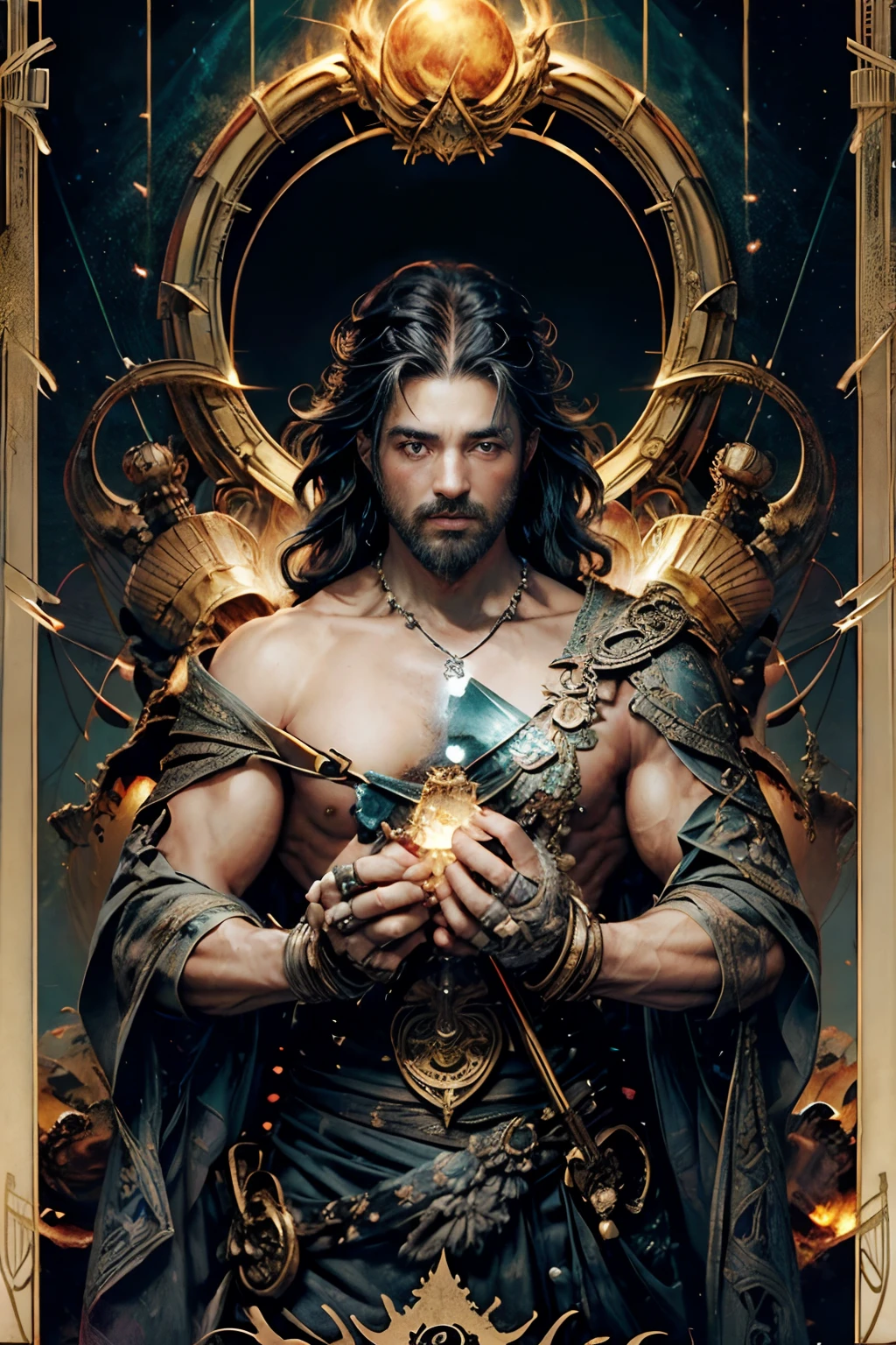 tarot cards，Full tarot border，(The image is surrounded by a tarot card-style border:1.8), 1 man，hades，shinigami, (Hairstyles: Exposed flesh curls)，black toga，Red long-haired，Fire-breathing eyes，Roman mythology Unity 8k wallpaper, Ultra-detailed, Beautiful and aesthetically pleasing, tmasterpiece, best qualityer, (zentangle, datura, clew, meshing), (s fractal art: 1.3), mountain ranges, Extremely detailed, dynamic angle, Cowboy shot, The most beautiful forms of chaos, elegant, Fauvistdesign, vivd colour, romanticism lain, Seafoam, Buble, shells, Fish, pearls，Hold the giant scythe，Strong man，Vintage style，Well-developed muscles，Beard, volcanoes, Extremely detailed, dynamic angle, Cowboy shot, The most beautiful forms of chaos, Fauvistdesign, vivd colour, romanticism lain, 火焰, Libra, shells, skulls, seele，Strong man，Vintage style，irate（zentangle，datura，Tangles，entangled），holy rays，gold foil，Gold leaf art，glitter drawing