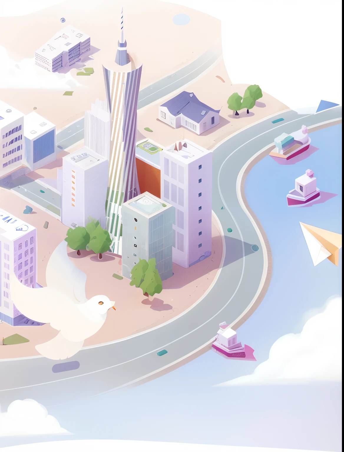 There are cartoon illustrations,A city with paper airplanes, Stylized digital illustration, prerendered isometric graphics, Flat illustration, isometric illustration, isometric invironment, Detailed 2D illustration, urban surroundings, isometric illustration fun, Simple illustration, detailed digital illustration, modern city scape, aerial illustration, 2d matte illustration, Commercial illustration, Small city