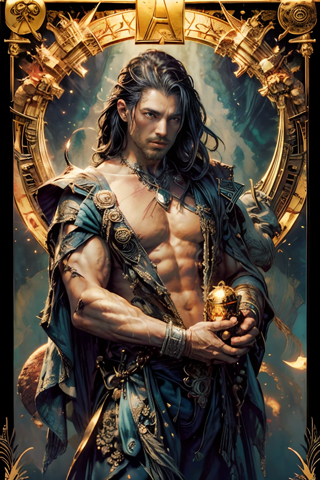 tarot cards，Full tarot border，(The image is surrounded by a tarot card-style border:1.8), 1 man，hades，shinigami, (Hairstyles: Exposed flesh curls)，black toga，Red long-haired，Fire-breathing eyes，Roman mythology Unity 8k wallpaper, Ultra-detailed, Beautiful and aesthetically pleasing, tmasterpiece, best qualityer, (zentangle, datura, clew, meshing), (s fractal art: 1.3), mountain ranges, Extremely detailed, dynamic angle, Cowboy shot, The most beautiful forms of chaos, elegant, Fauvistdesign, vivd colour, romanticism lain, Seafoam, Buble, shells, Fish, pearls，Hold the giant scythe，Strong man，Vintage style，Well-developed muscles，Beard, volcanoes, Extremely detailed, dynamic angle, Cowboy shot, The most beautiful forms of chaos, Fauvistdesign, vivd colour, romanticism lain, 火焰, Libra, shells, skulls, seele，Strong man，Vintage style，irate（zentangle，datura，Tangles，entangled），holy rays，gold foil，Gold leaf art，glitter drawing