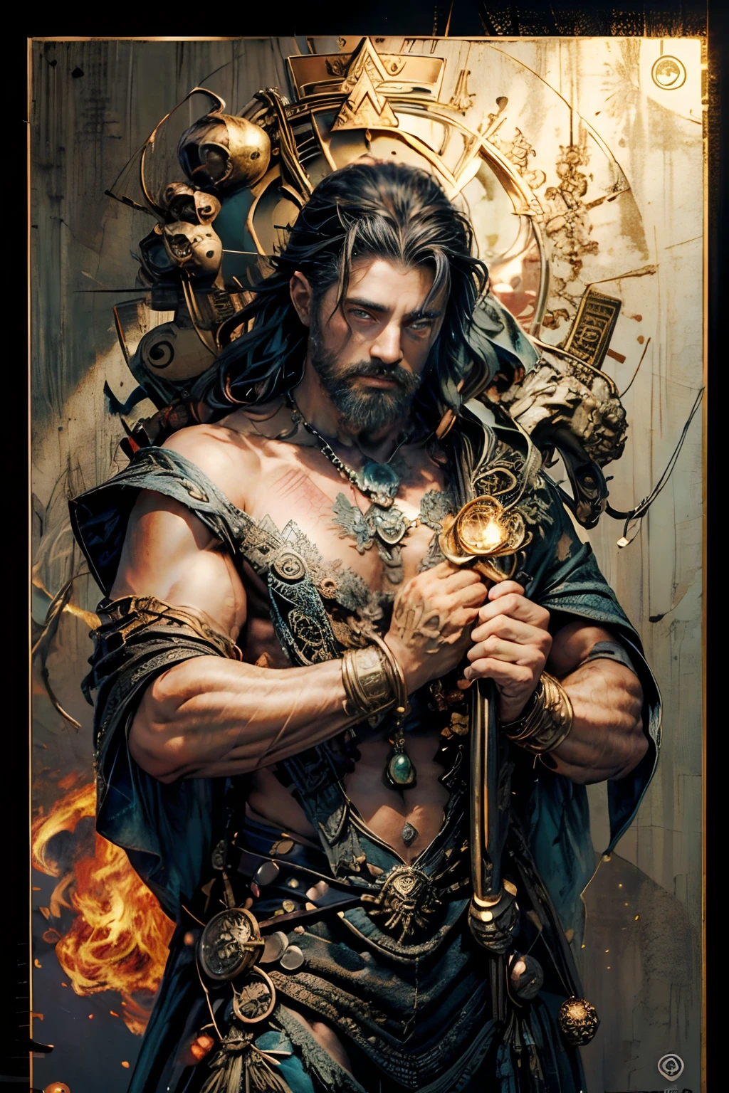 tarot cards，Full tarot border，(The image is surrounded by a tarot card-style border:1.8), 1 man，hades，shinigami, (Hairstyles: Exposed flesh curls)，black toga，Red long-haired，Fire-breathing eyes，Roman mythology Unity 8k wallpaper, Ultra-detailed, Beautiful and aesthetically pleasing, tmasterpiece, best qualityer, (zentangle, datura, clew, meshing), (s fractal art: 1.3), mountain ranges, Extremely detailed, dynamic angle, Cowboy shot, The most beautiful forms of chaos, elegant, Fauvistdesign, vivd colour, romanticism lain, Seafoam, Buble, shells, Fish, pearls，Hold the giant scythe，Strong man，Vintage style，Well-developed muscles，Beard, volcanoes, Extremely detailed, dynamic angle, Cowboy shot, The most beautiful forms of chaos, Fauvistdesign, vivd colour, romanticism lain, 火焰, Libra, shells, skulls, seele，Strong man，Vintage style，irate（zentangle，datura，Tangles，entangled），holy rays，gold foil，Gold leaf art，glitter drawing