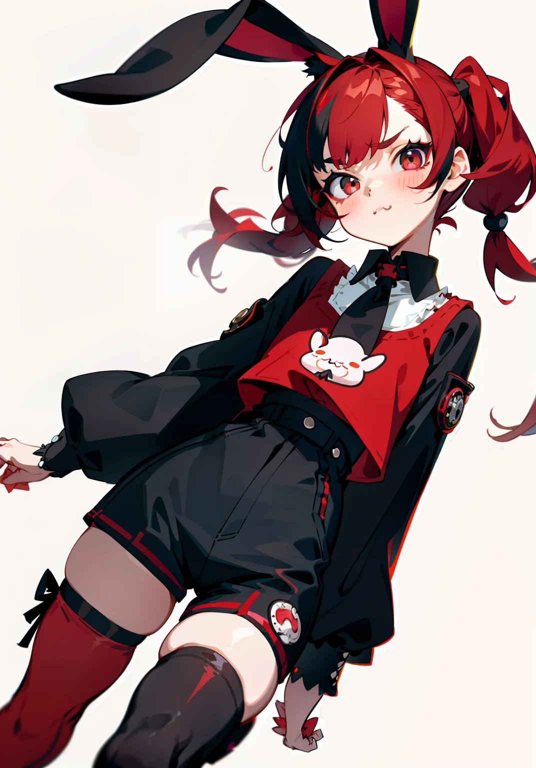 1GIRL, cute girl, finely detailed, (best quality), (intricate details), cute style, loli, rabbit girl style, multicolored, ((short red hair in pigtails)), best quality, ((rabbit ears)), ((rabbit tail)), ((long sleeve shirt and shorts)), ((red and black clothes)), ((punk style clothes)), ((thigh high socks)), ((round eyes)), beautiful face, pouty, cute face, pinup, perfect face, simple background portrait
