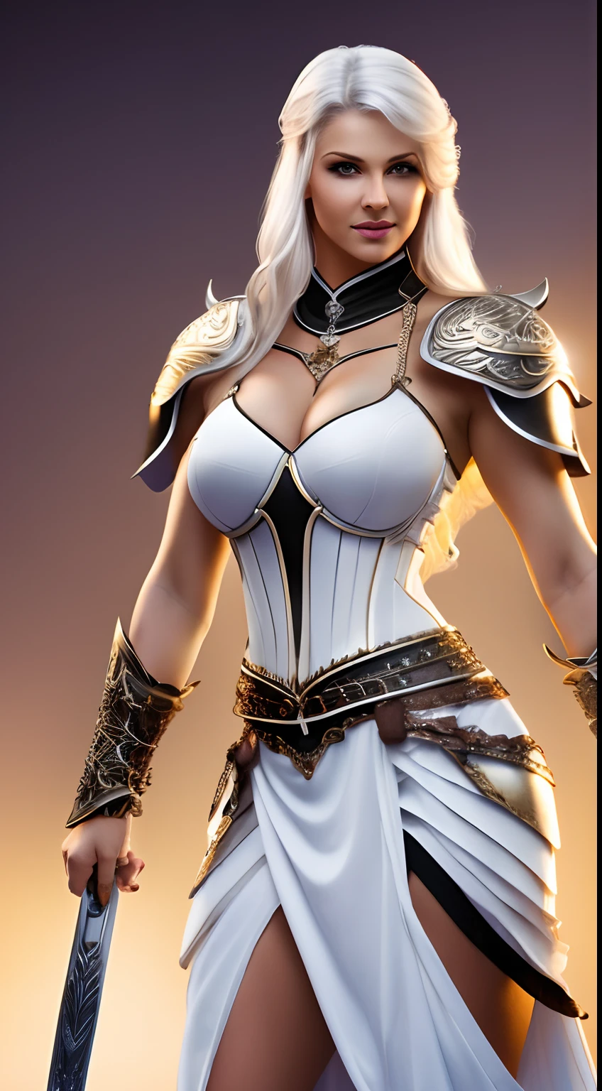 White gradient background, light on face surface, female warrior, clothed, mature beauty, very busty, tall, hands on hips, female body facing viewer, Germanic, slightly muscular, very much light from viewer