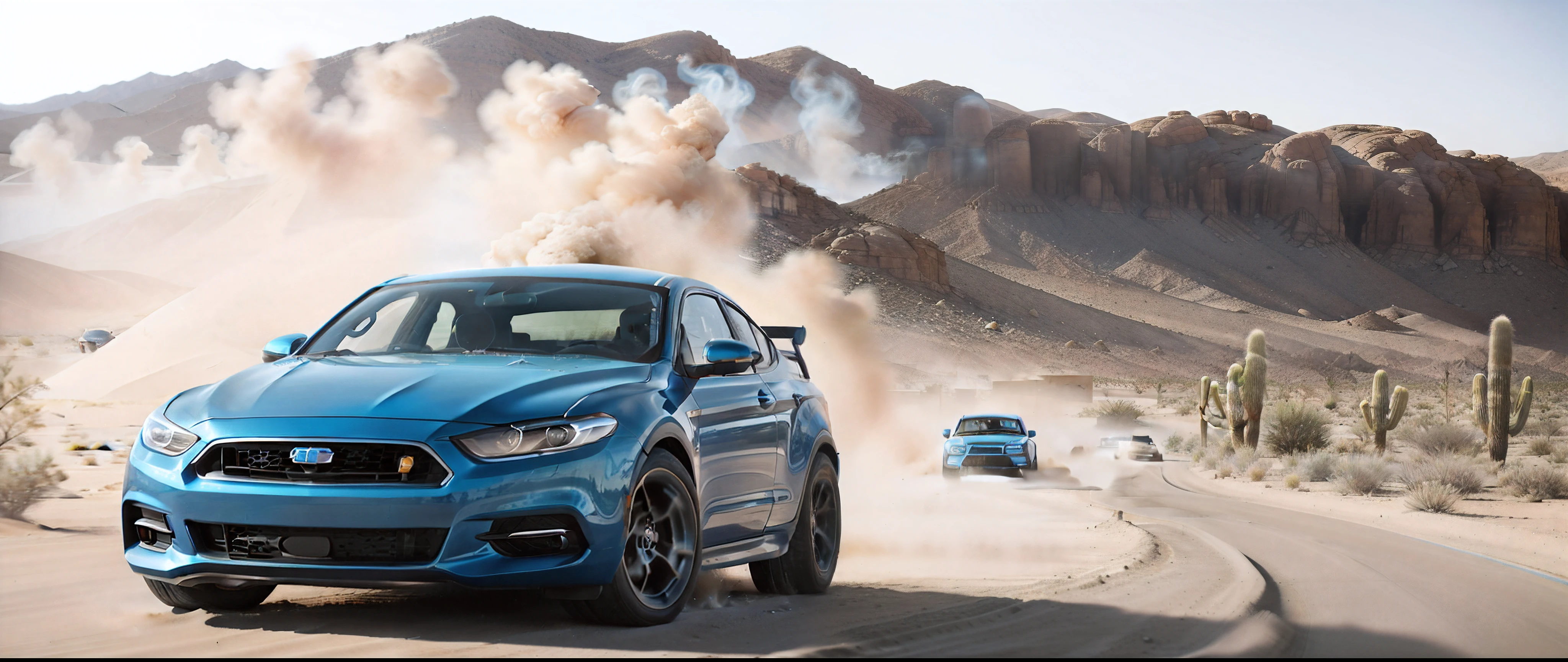 A blue Alfed car driving on a desert road, Kick up dust, automotive photography, Smoking tires, Desert landscape, automotive photography, environmental shot, Edited, Exercise, car shot, Commercial vehicle photos, Portrait shooting, auto photography, Smoke behind the wheels, Car photos, full view of a sport car, in the desert, advertising photograph.