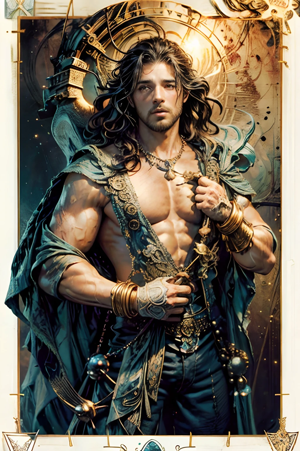 tarot cards，Full tarot border，(The image is surrounded by a tarot card-style border:1.8), 1 man，Zeus，heavenly gods, (Hairstyles: Exposed flesh curls)，cabellos largos dorados，Roman mythology Unity 8k wallpaper, Ultra-detailed, Beautiful and aesthetically pleasing, tmasterpiece, best qualityer, (zentangle, datura, clew, meshing), (s fractal art: 1.3), mountain ranges, Extremely detailed, dynamic angle, Cowboy shot, The most beautiful forms of chaos, elegant, Fauvistdesign, vivd colour, romanticism lain, Seafoam, Buble, shells, Fish, pearls，Hold the lightning，Strong man，Vintage style，Well-developed muscles，Beard, (Hairstyles: Long hair) Ocean, Extremely detailed, dynamic angle, Cowboy shot, The most beautiful forms of chaos, Fauvistdesign, vivd colour, romanticism lain, mountain ranges, Buble, shells, hawk, pearls，Take the Spear of Thunder，Strong man，Vintage style，（zentangle，datura，Tangles，entangled），holy rays，gold foil，Gold leaf art，glitter drawing