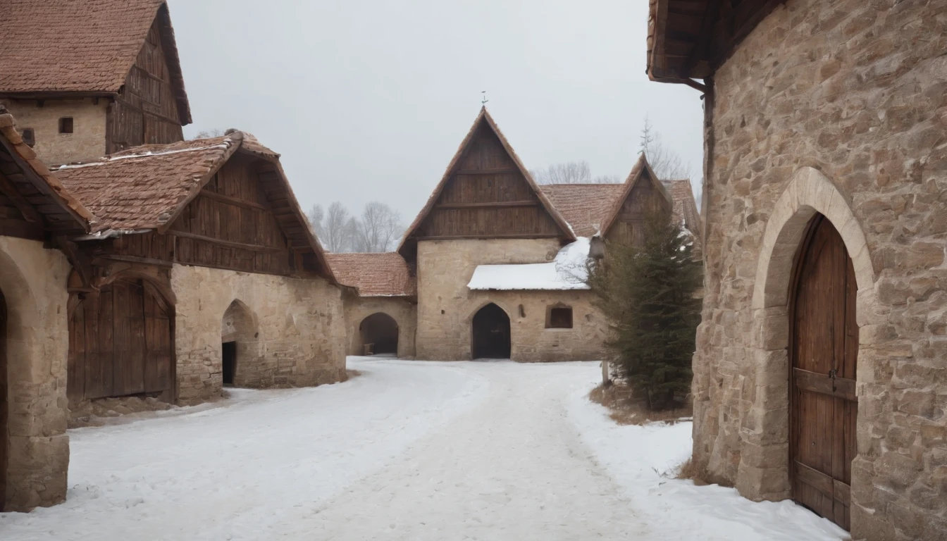 exterior of eastern european medieval stables, cobbled pathway leading to entrance, snow, winter, day, (best quality,4k,8k,highres,masterpiece:1.2),ultra-detailed,(realistic,photorealistic,photo-realistic:1.37) cinematic, cinematic scene from film, lively ambience, busy stables, guests arriving