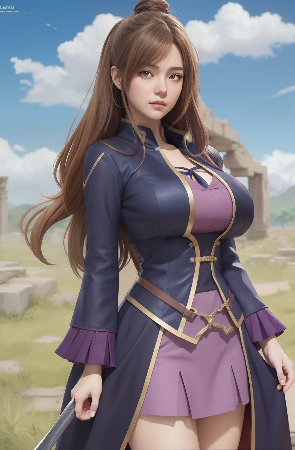 Menina anime no vestido roxo com cabelo longo e capa roxa, Arte Oficial, cushart krenz arte chave feminina, arte oficial altamente detalhada, ancient ruins behind her, O impacto de Ayaka Genshin, Natalie de Epic Battle Fantasy, pretty female cleric, Retrato RPG de corpo inteiro, Marin Kitagawa Fanart, arte cg anime suave, Retrato completo do elementalista, arte oficial do personagem