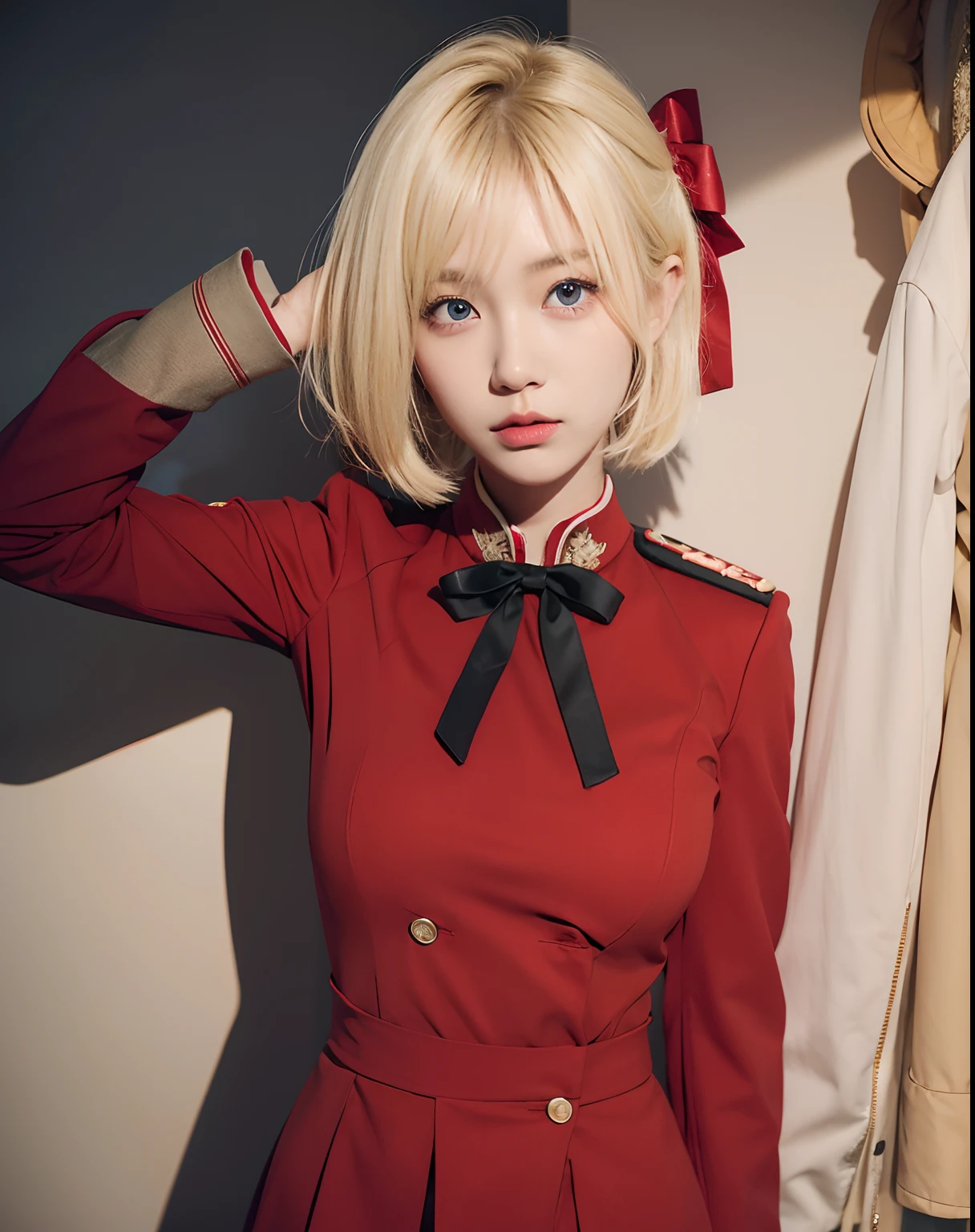 1girl, Chisato, (Short Hair, Blonde Hair, Red Eyes), Red Uniform, realistic, ultra detail, 70mm lens,