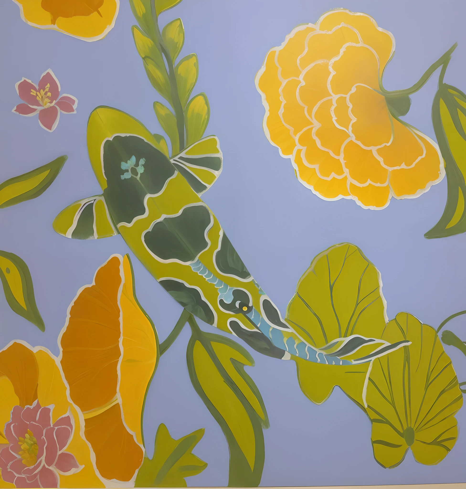 Masterpiece, 8k, painting of a koi fish in a pond of flowers, inspired by Paul Ranson, color green and yellow, inspired by Théodore Rousseau, inspired by Walasse Ting, inspired by Xie Shichen, inspired by Tomokazu Matsuyama, koi, inspired by Henri Rousseau, inspired by Marianne North, inspired by Georges Lacombe, artwork in style of sheng lam, blue background,