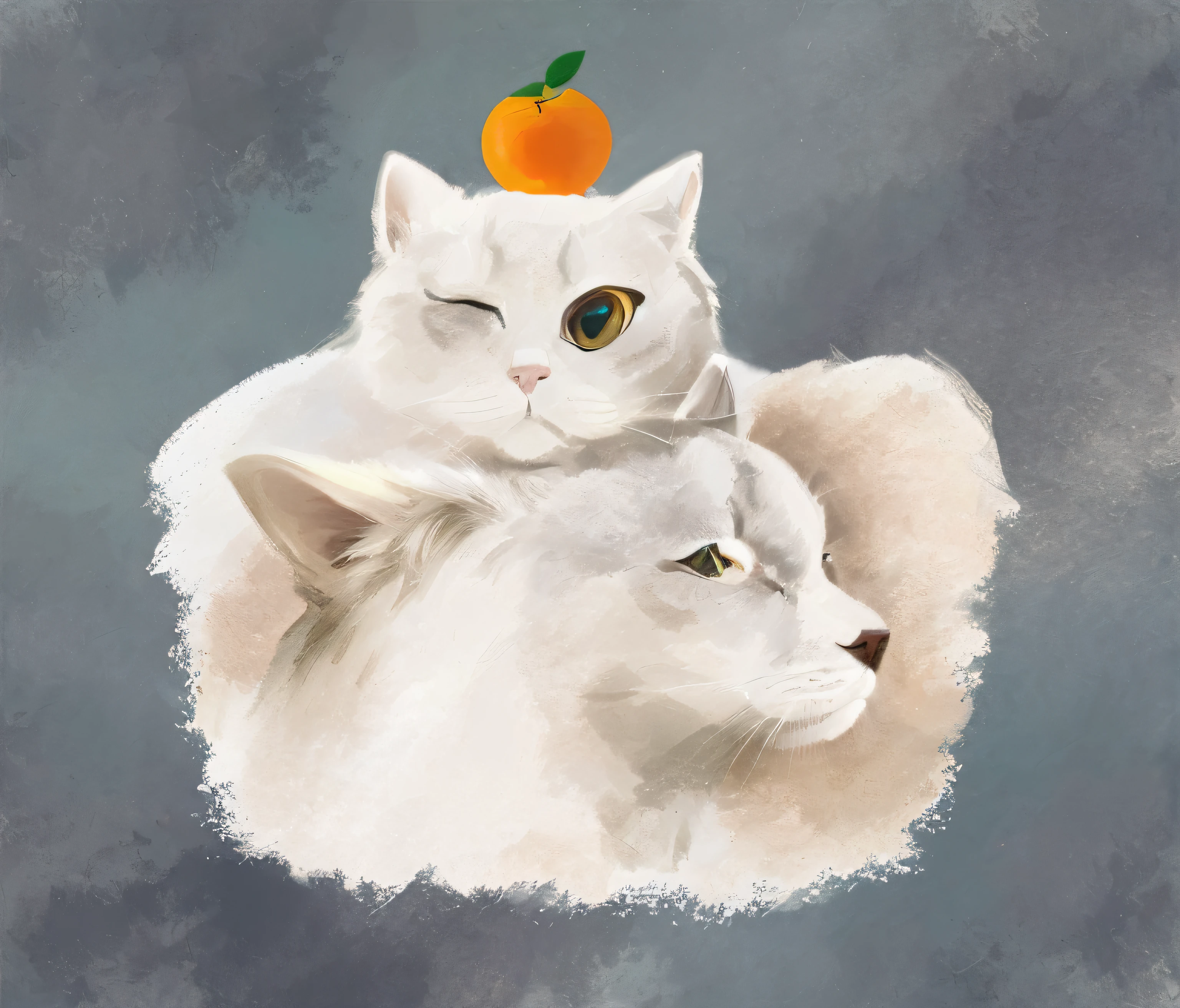 Draw a white cat and a white dog,There is an orange on it, cat. Digital painting, in style of digital painting, Soft anime illustration, made with anime painter studio, soft digital painting, illustration of 2 cats, lovely digital painting, A digital painting, procreate illustration, watercolor digital painting, blurry and dreamy illustration, drawn in anime painter studio, A beautiful artwork illustration