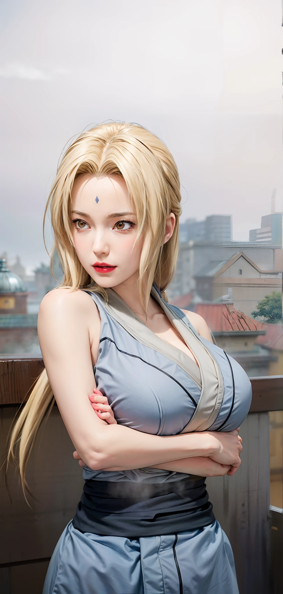 (huge tits), cleavage, good anatomy, masterpiece, best quality, 4k, 8k, professional photography, soft light, sharp focus, 1 girl,  blonde hair, kimono, (mountai), clouds, blonde hair, parted banks, detailed face+brown eyes, smile, closed lips, lipstick, bookshelves, windows,realistic, Tsunade in anime (Naruto),qualiti detail higt ,HDR photos