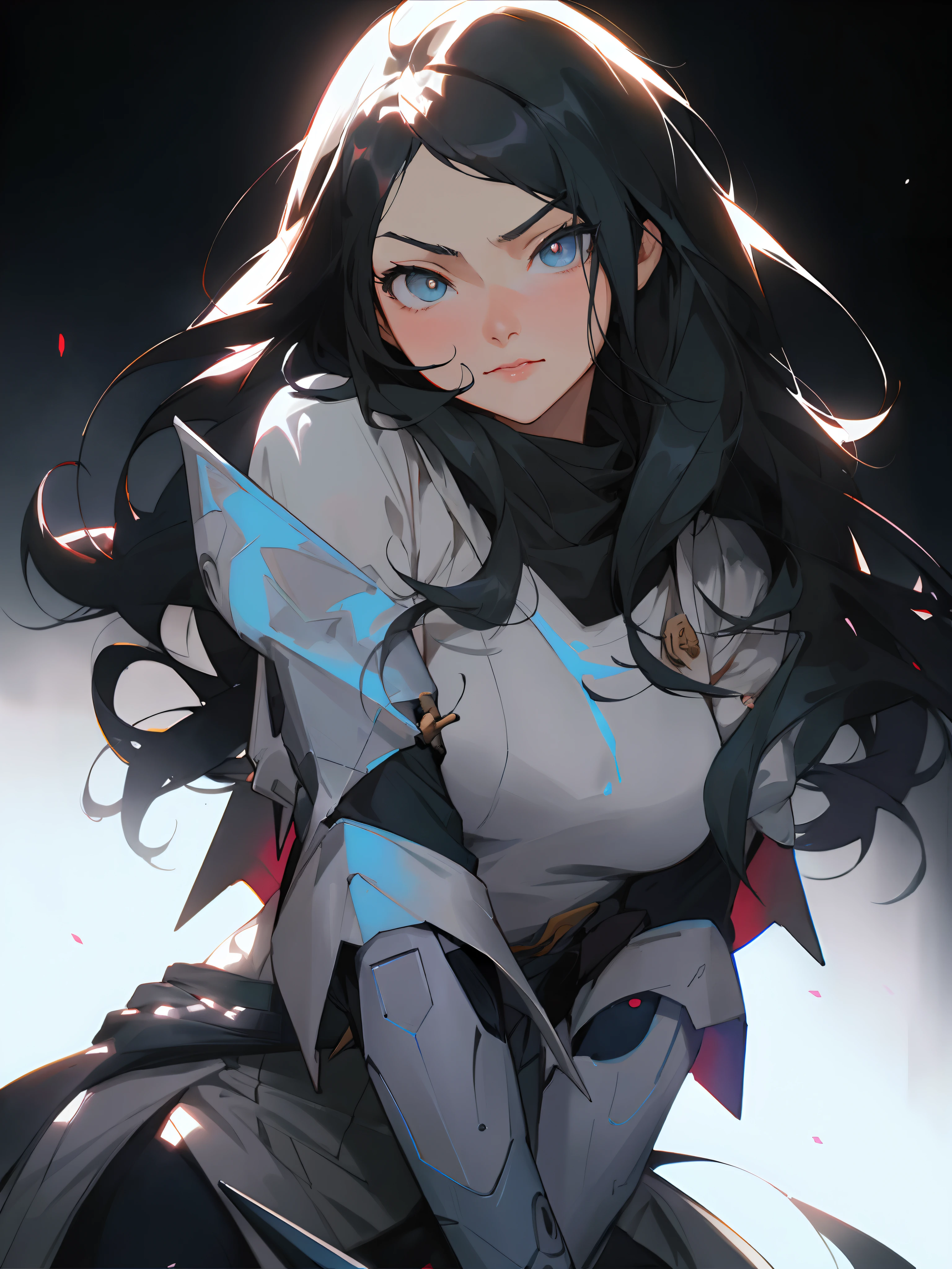 Anime girl with long black hair and sword in hand, Artgerm et Atey Ghailan, portrait of a female anime hero, Tendances sur ArtStation Pixiv, Fille Chevalier, Cyberpunk, futur, cheveux noirs, yeux bleus,High quality, detailed detail