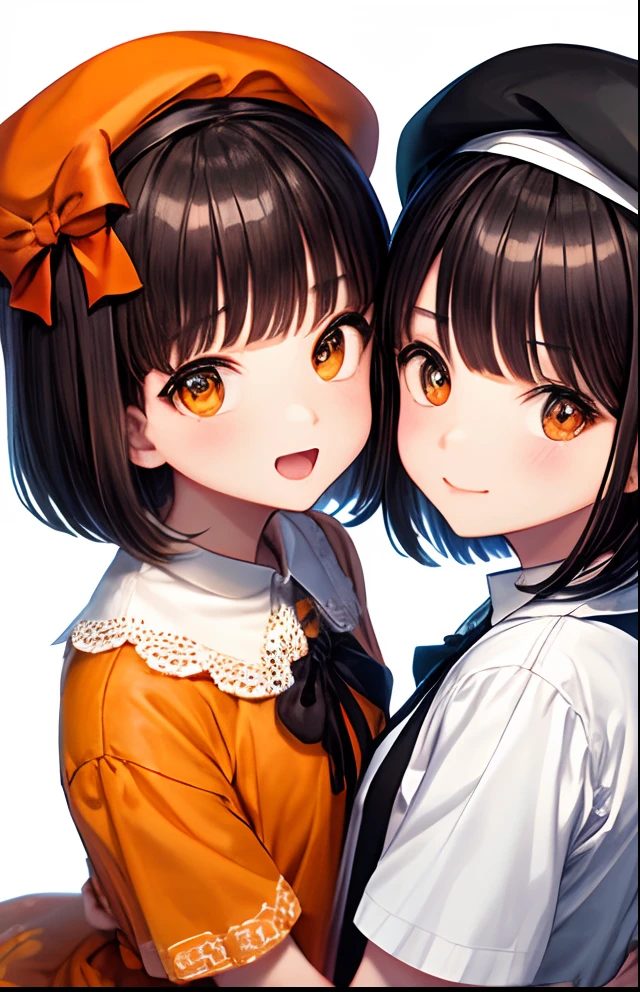 girl with、No background、without background、Background through、Black hair、A dark-haired、short-cut、bob cuts、Subject bangs、Pattsun bangs、Aligned bangs、Sareme、drooping eyebrows、Takuambi、Marovi、Round eyebrows、Orange-eyed、Orange Eyes、Orange-eyed beret、bow ribbon、Orange skirt、white shirt、2guys、twinsies、chum、There are two of them、kawaii、No background、