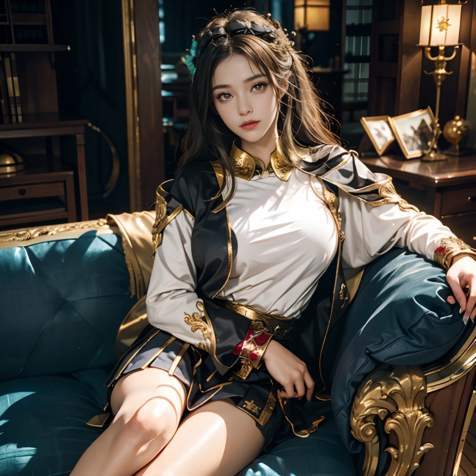 Beautiful High School Girl,sixteen years old,(Wear Japan white high school uniform:1.5),(A huge white male lion is lying next to a female:2) ,(Endless Green African Savannah:2),(A woman sits on the king's golden throne:1.2),(Flowing long silvery-white hair),The whole body glows,stares at the camera,(A woman holds a golden scepter:2),(Front Focus),Fantasyart,Realistic pieces,动态照明,art stations,poster for,Volumetriclighting,extra detailed face,16 K,awardwinning