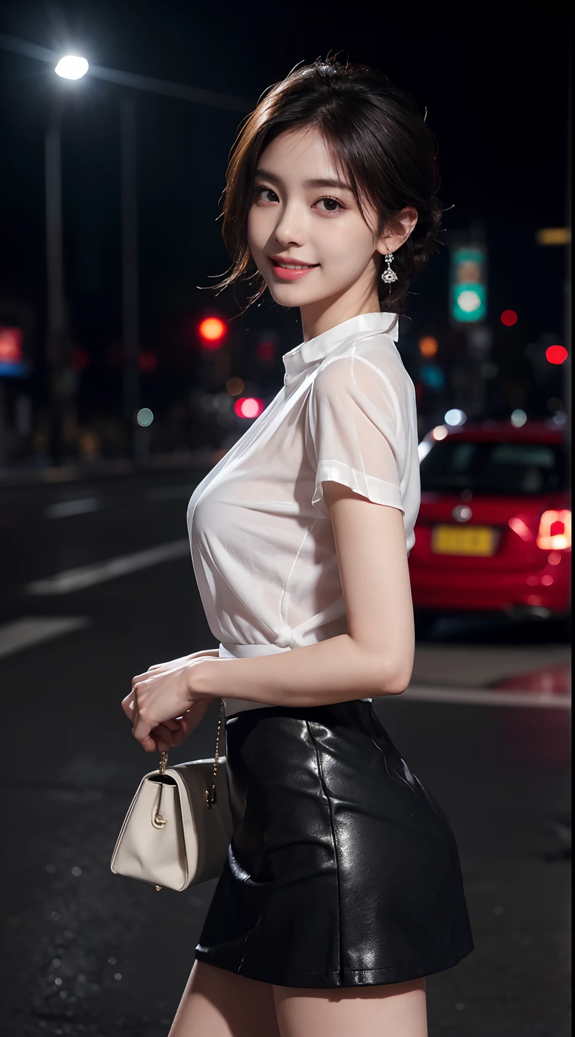 8k, masterpiece, RAW photo, best quality, photorealistic, extremely detailed CG unity 8k wallpaper, Depth of field, Cinematic Light, Lens Flare, Ray tracing, (extremely beautiful face, beautiful lips, beautiful eyes), intricate detail face, ((ultra detailed skin)) 1girl, in the dark, deep shadow, pretty korean girl, kpop idol,(very slim slender fit-muscled body:1.3), ((looking at viewer)),(big smile:1.3), (night, (neon sign), (blurry background), midnight, (without people in the background:1.3), pretty korean girl, white diamond earrings, bracelets, necklace, clear eyes, walking , front shot, (pale skin), face forward, (big eyes), full body shot, ((see through blouse)), (hot pink color blouse)), ((laced skirt)), (looking at viewer:1.3), very slim, medium breasts, Hermes bag, tight mini skirt, updo hair, short hair, medium butts