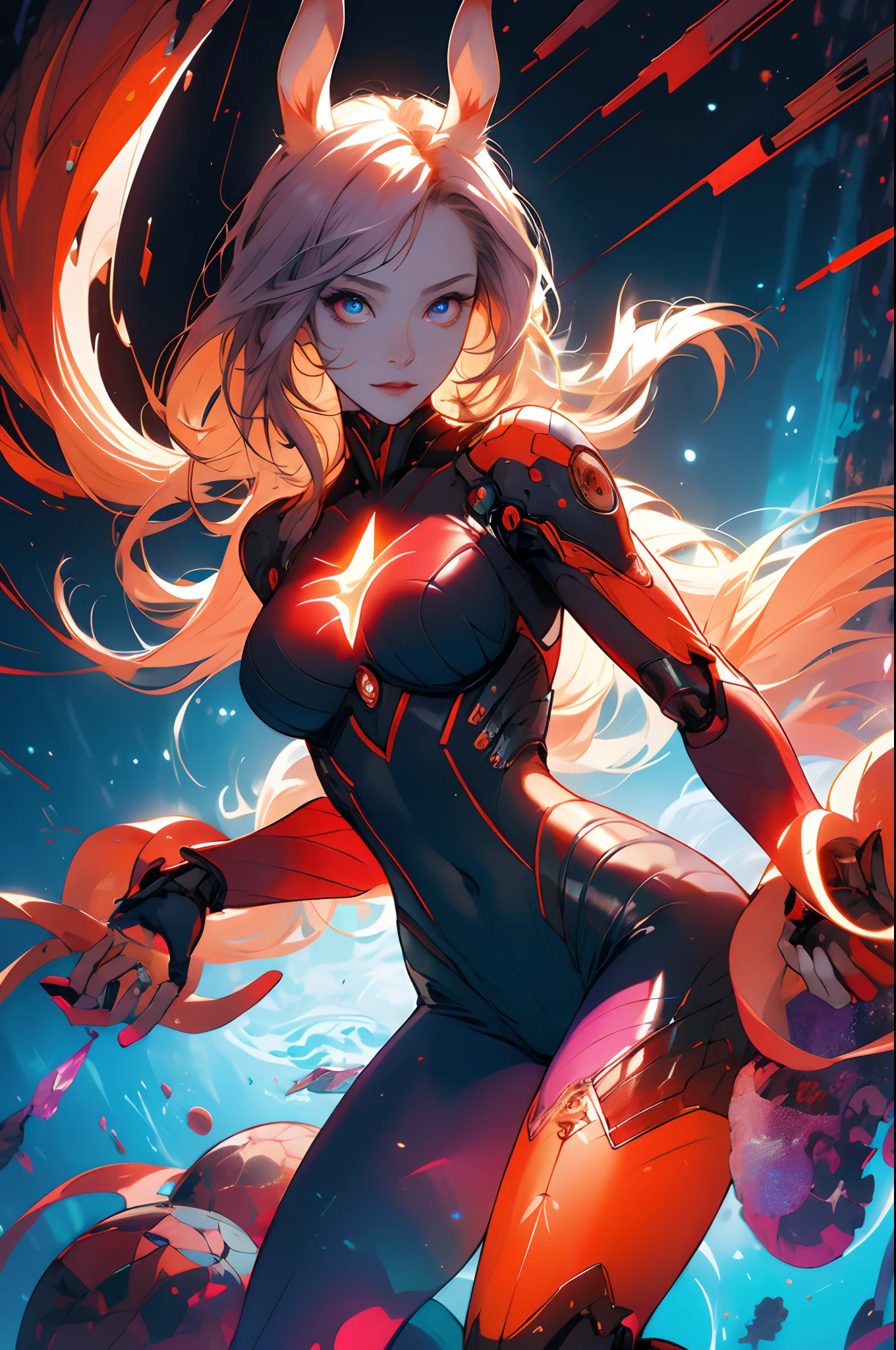 highest quality、Realistic、female、Japanese、zoom、cute、Red glowing eyes、Blonde Hair、long hair、Dark blue hero suit、Silver accents、Shiny bodysuit、blue sky、Fly
