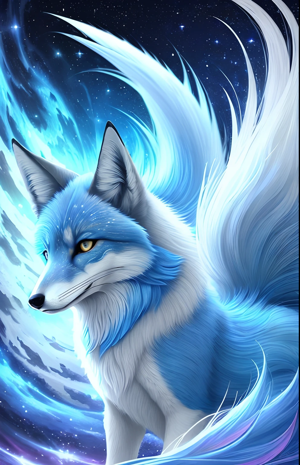 (((obra de arte))), melhor qualidade, Detailed illustration in CG, Mystical and mysterious figure of a sky blue fox, pelos azuis, olhos ardentes, fierce and intimidating expression, tons agressivos, com poder de raios azuis, rodeado de raios azuis em uma pose irada, estrelas reluzentes de fundo,