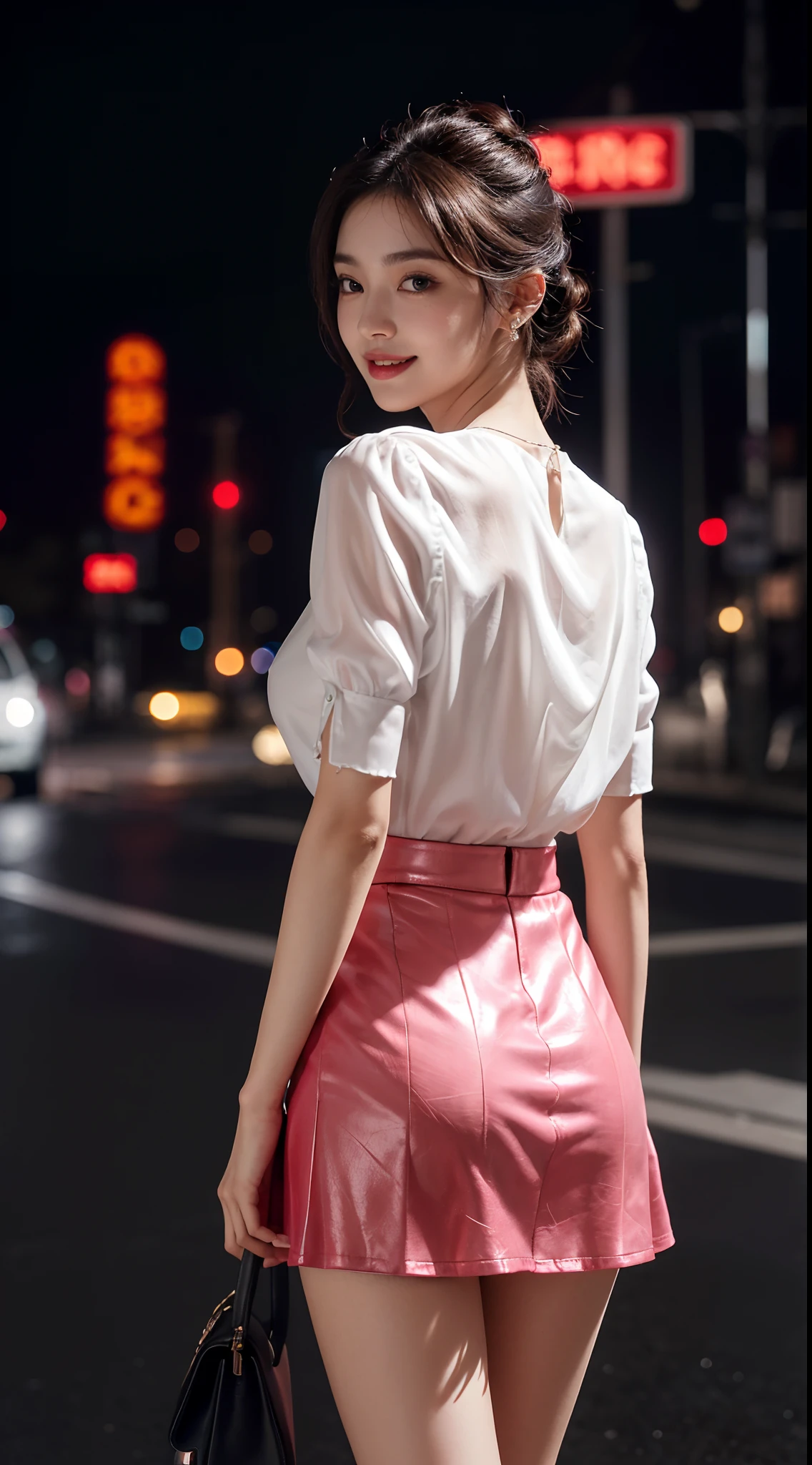 8k, masterpiece, RAW photo, best quality, photorealistic, extremely detailed CG unity 8k wallpaper, Depth of field, Cinematic Light, Lens Flare, Ray tracing, (extremely beautiful face, beautiful lips, beautiful eyes), intricate detail face, ((ultra detailed skin)) 1girl, in the dark, deep shadow, pretty korean girl, kpop idol,(very slim slender fit-muscled body:1.3), ((looking at viewer)),(big smile:1.3), (night, (neon sign), (blurry background), midnight, (without people in the background:1.3), pretty korean girl, white diamond earrings, bracelets, necklace, clear eyes, walking , front shot, (pale skin), face forward, (big eyes), full body shot, ((see through blouse)), (hot pink color blouse)), ((laced skirt)), (looking at viewer:1.3), very slim, medium breasts, Hermes bag, tight mini skirt, updo hair, short hair, medium butts