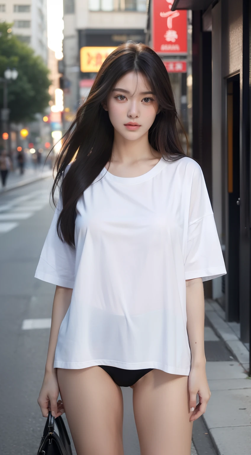 (RAW photo, Best quality), (Realistic, photo-realistic:1.2),High quality, (highdetailskin:1.4), 1girll,delicated face, standing,(Huge tits), Wear only oversized T-shirts,with no underpants，No underwear,Long legs,In the street