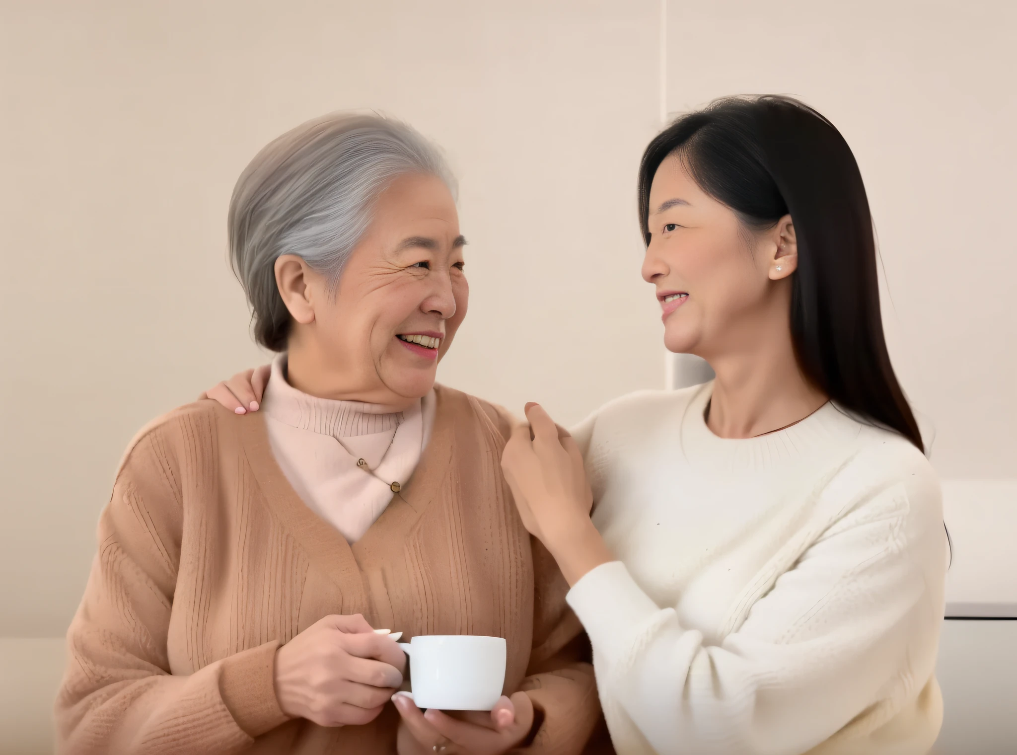 Alafi woman holding a cup of coffee with an older woman, woman holding another woman, Heartwarming, Asian women, advertisement picture, smiling at each other, warm and gentle smile, Your mother, Two women, Uptrend ,, An Asian woman, promo image, Asian woman, old and young, a still of a happy, coloured photo, exploitable image, Adult, Mother