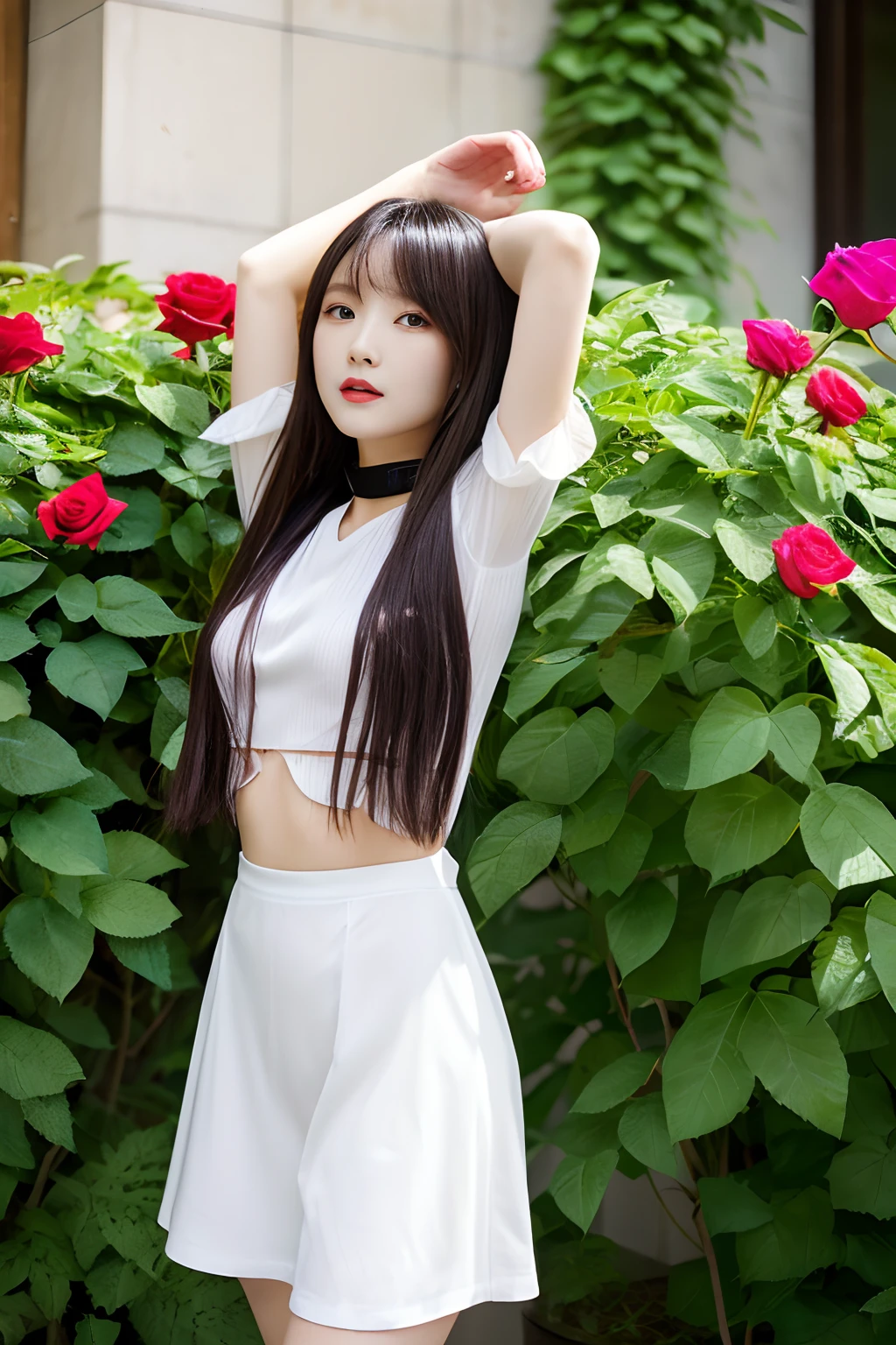 Some Rose Woman Cyborg、Where ivy is involved々Mechanical metallic body with rose blossoming red and green color、Hair with several rose flowers blooming、full bodyesbian、in line、Japan Beautiful Girl