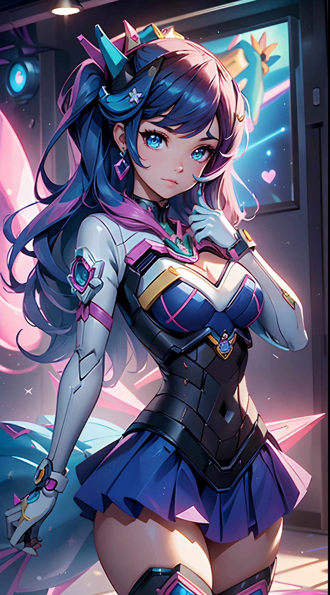 mejor calidad，tmasterpiece，ultimate resolution，Suave，extremadamente colorido，De color，Princesa sirena，(D.Va de overwatch con su traje azul original:1.4)，Medias de tirantes negras，Starrysky Android!,More detailed 8K.motor irreal:1.4,UHD,La mejor calidad:1.4, fotorrealista:1.4, textura de la piel:1.4, obra maestra:1.8,obra-prima, mejor calidad,objeto Objeto], (detailed face features:1.3),(Laboratorio Robotizado azul:1.4),(cabello rosado largo:1.4),（Beautiful and detailed eye description）,(manos detailed:1.4)