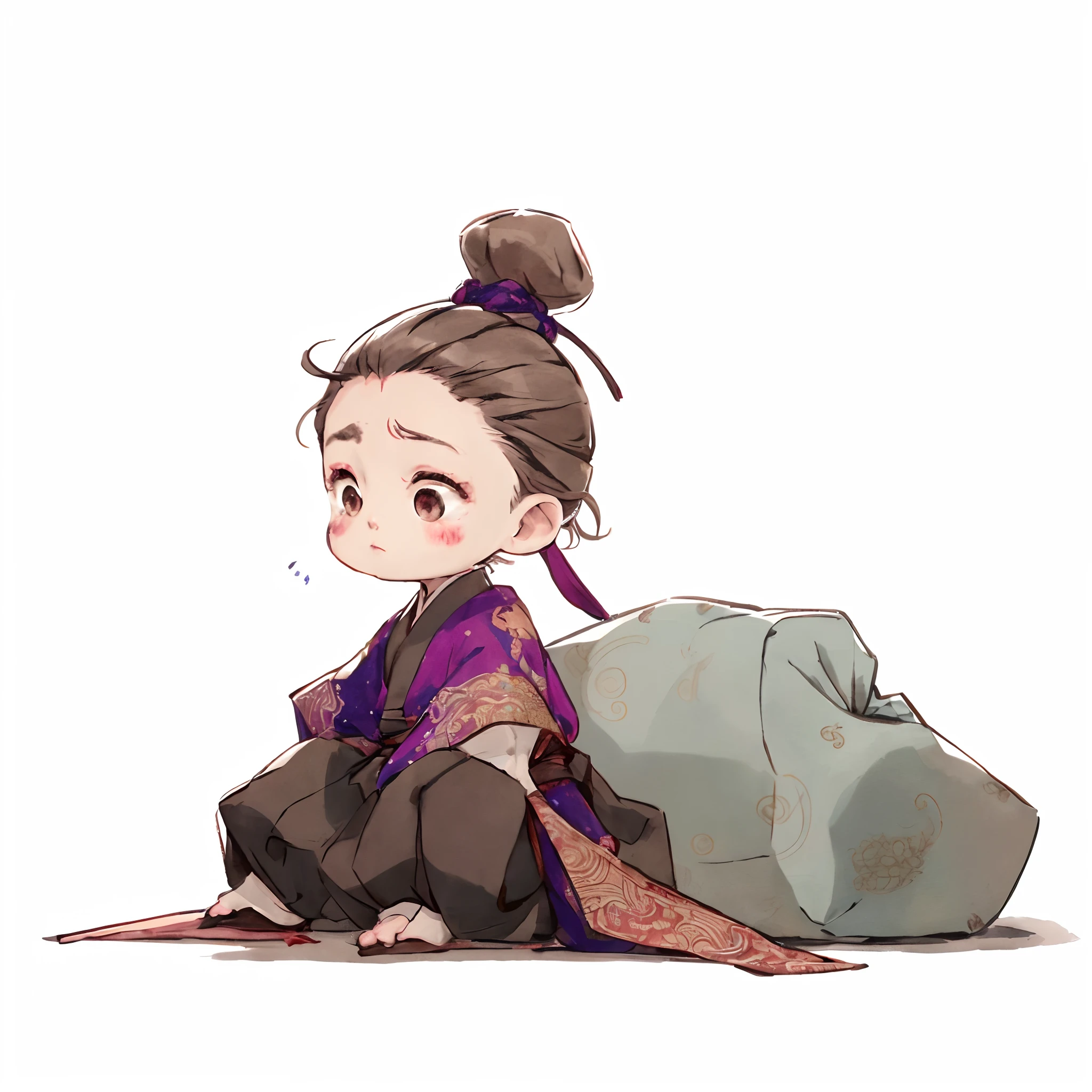 A cartoon drawing of a  boy standing on the ground with a bag, Palace ， A boy in Hanfu, by Yang J, Guviz, Guviz-style artwork, author：Yang Borun, author：Qu Leilei, zhongli from genshin impact, flowing hair and long robes, cute character, author：Qiu Ying, author：Li Zai