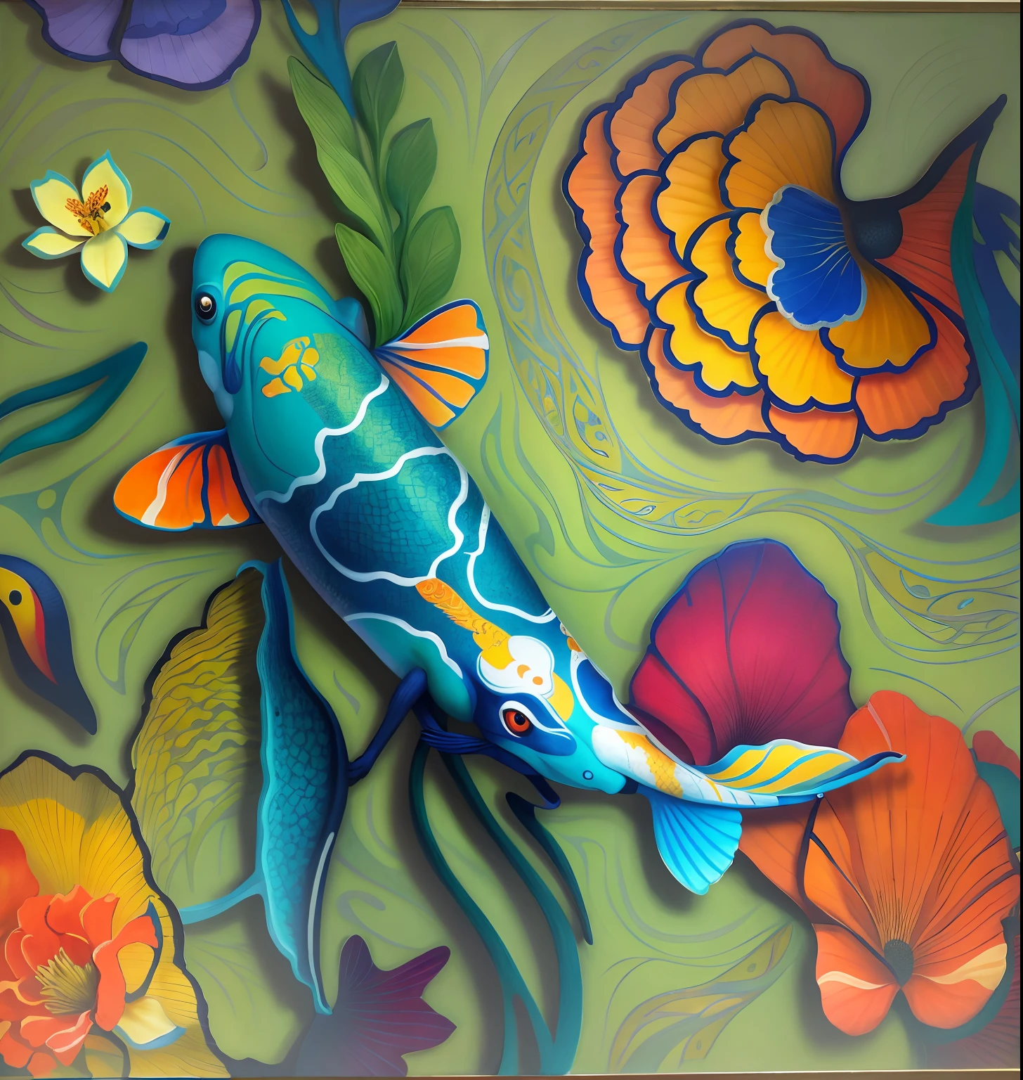 Masterpiece, 8k, painting of a koi fish in a pond of flowers, inspired by Paul Ranson, color green and yellow, inspired by Théodore Rousseau, inspired by Walasse Ting, inspired by Xie Shichen, inspired by Tomokazu Matsuyama, koi, inspired by Henri Rousseau, inspired by Marianne North, inspired by Georges Lacombe, artwork in style of sheng lam, blue background,