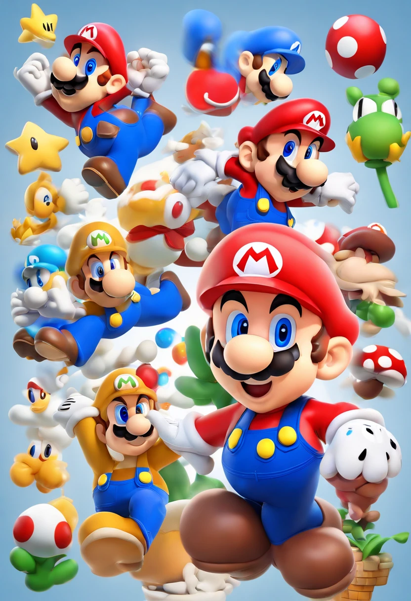 (Mario), design de personagens, Nintendo Super Mario, (olhos azuis, red hat, terno vermelho, blue suspenders, luvas brancas, )super bonito estilo caixa cega, Chibi, corpo inteiro, exaggerated expressions and actions, fundo limpo, Destaques iridescentes brilhantes, studio lighting, Atmospheric Illumination, com textura requintada, High detail, high resolution, c4d, ..3d, Liquidificador, 8k, best quality, Ultra High Definition