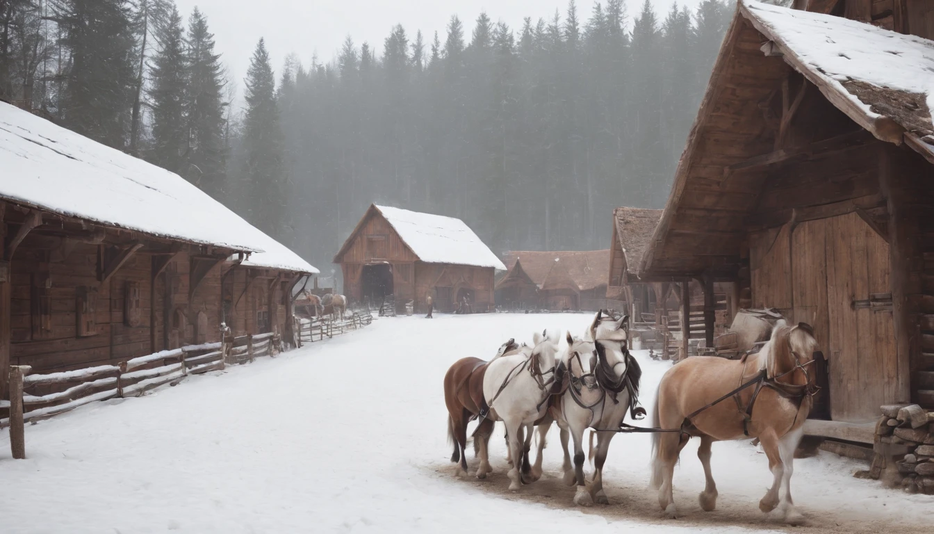 exterior of eastern european medieval stables, snow, winter, day, (best quality,4k,8k,highres,masterpiece:1.2),ultra-detailed,(realistic,photorealistic,photo-realistic:1.37) cinematic, cinematic scene from film, lively ambience, busy stables, guests arriving