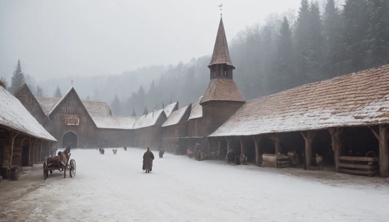 exterior of eastern european medieval stables, snow, winter, day, (best quality,4k,8k,highres,masterpiece:1.2),ultra-detailed,(realistic,photorealistic,photo-realistic:1.37) cinematic, cinematic scene from film, lively ambience, busy stables, guests arriving