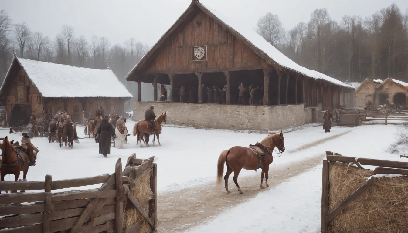 exterior of eastern european medieval stables, snow, winter, day, (best quality,4k,8k,highres,masterpiece:1.2),ultra-detailed,(realistic,photorealistic,photo-realistic:1.37) cinematic, cinematic scene from film, lively ambience, busy stables, guests arriving