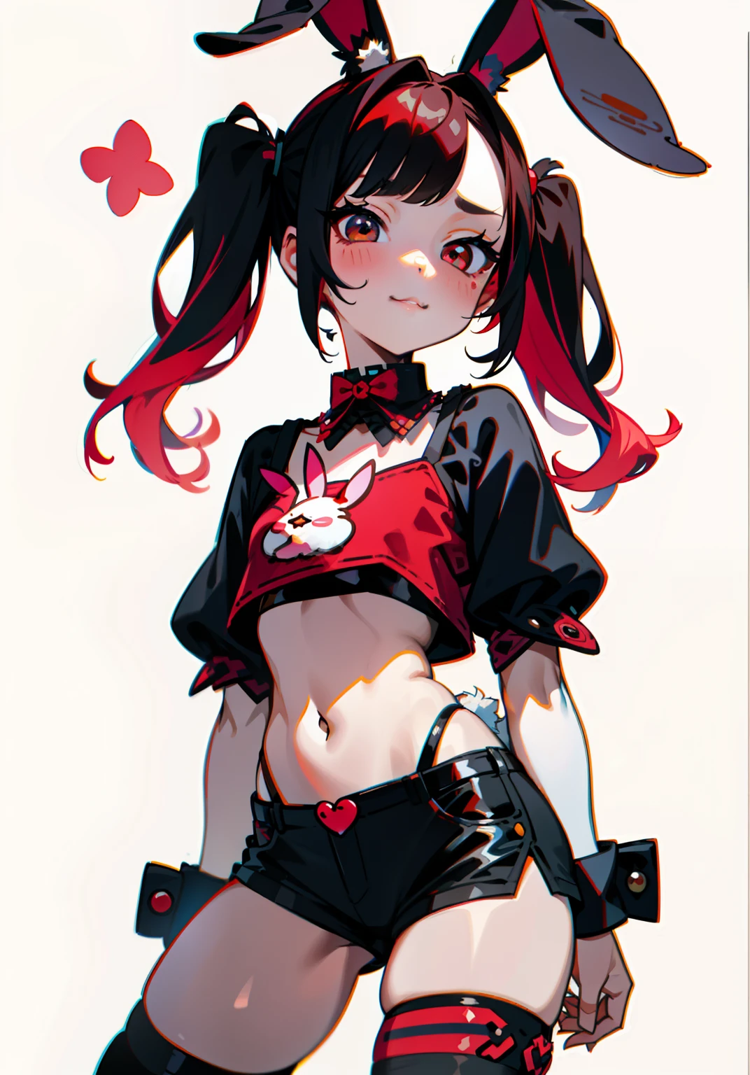 1GIRL, cute girl, finely detailed, (best quality), (intricate details), cute style, li, ditzy girl, lewd, rabbit girl style, multicolored, ((short red hair in pigtails)), best quality, ((rabbit ears)), ((rabbit tail)), ((crop top and shorts)), ((red and black clothes)), ((punk style clothes)), ((thigh high socks)), ((round eyes)), beautiful face, cute face, pinup, perfect face, simple background portrait