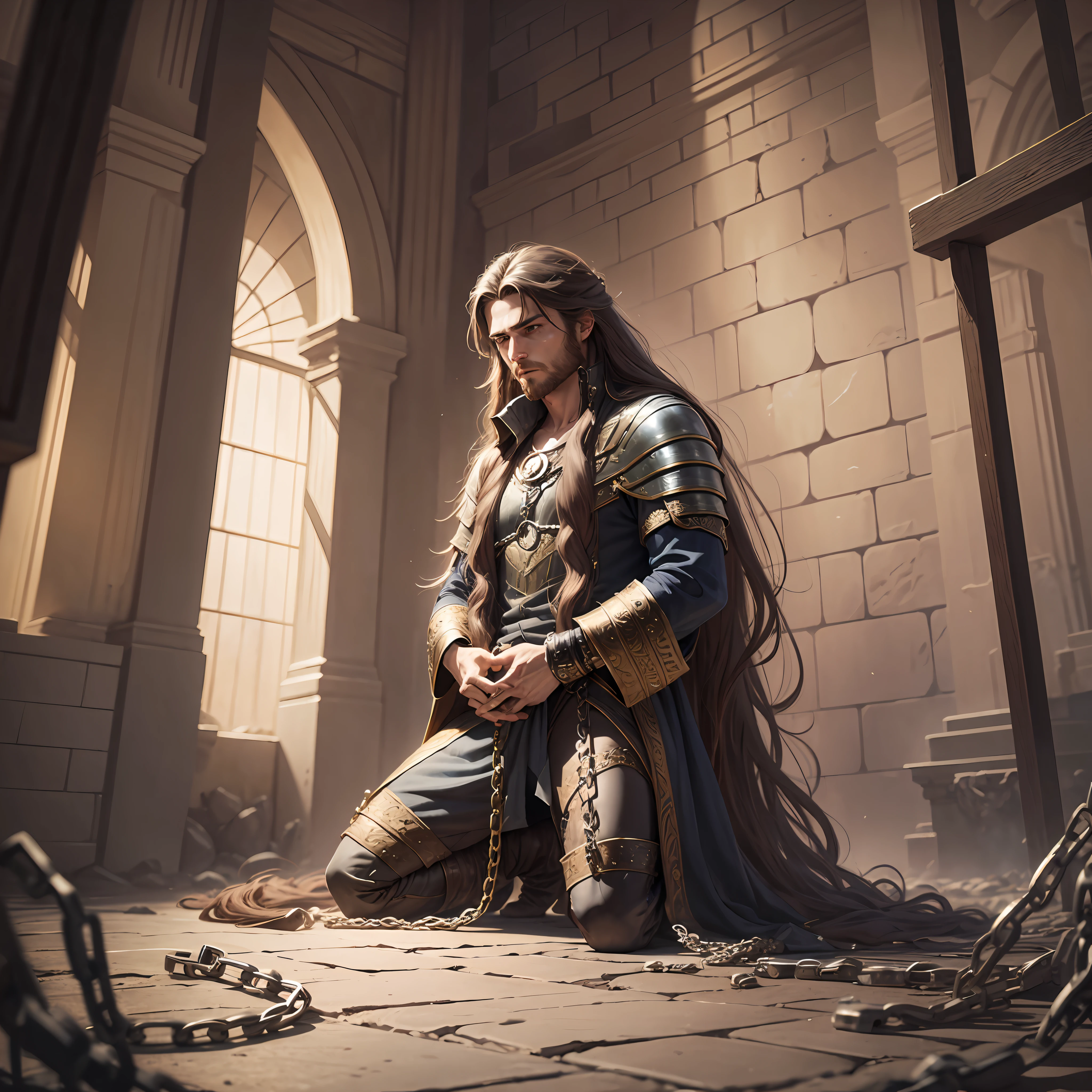 In the context of a fantasy world, show a long-haired man kneeling in chains at the bottom of the dungeon, in a thrilling and dramatic scene.